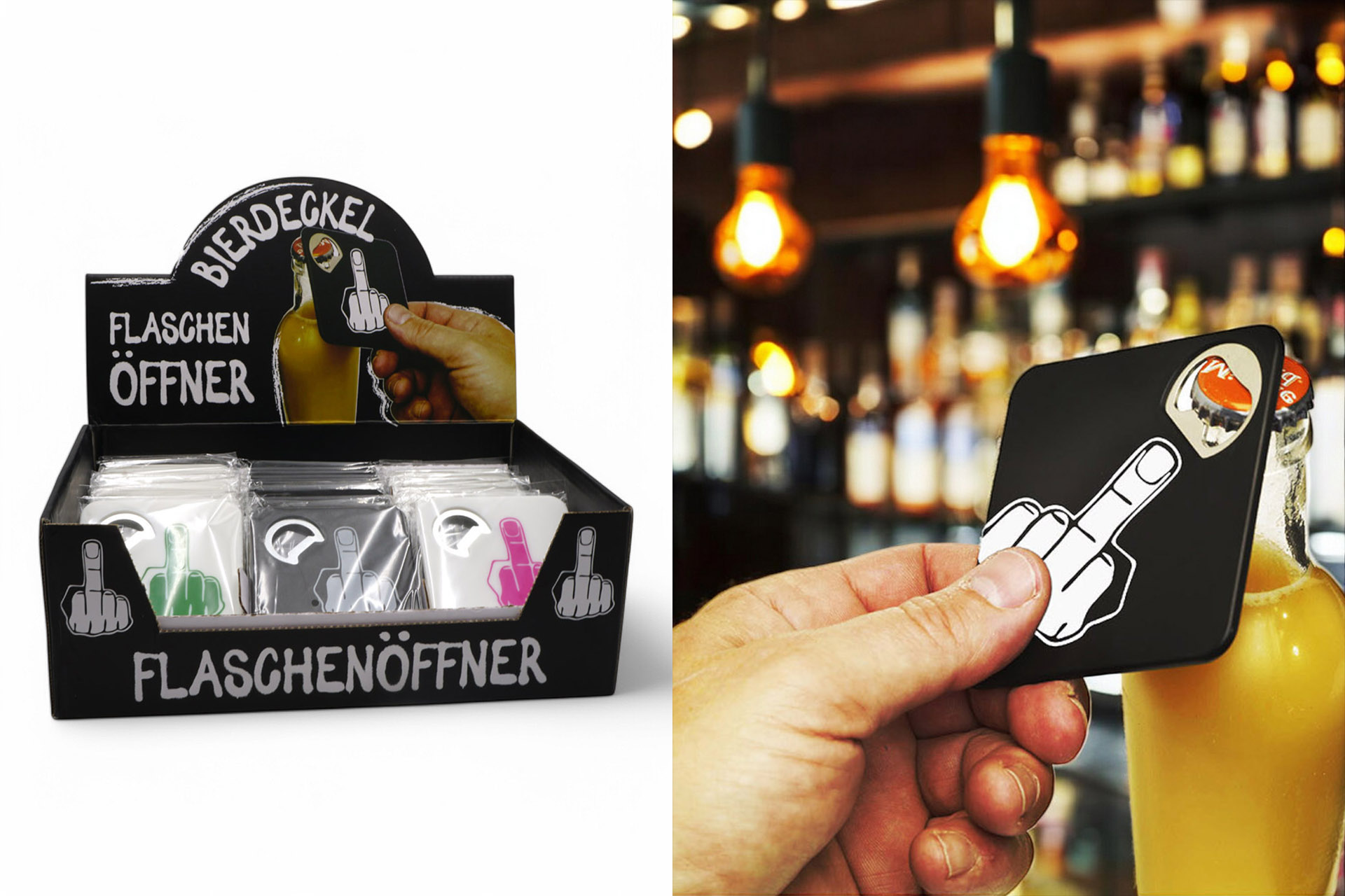 Bierdeckel Flaschenöffner "Mittelfinger", 8,5x8,5cm, im Display, 3 Farben