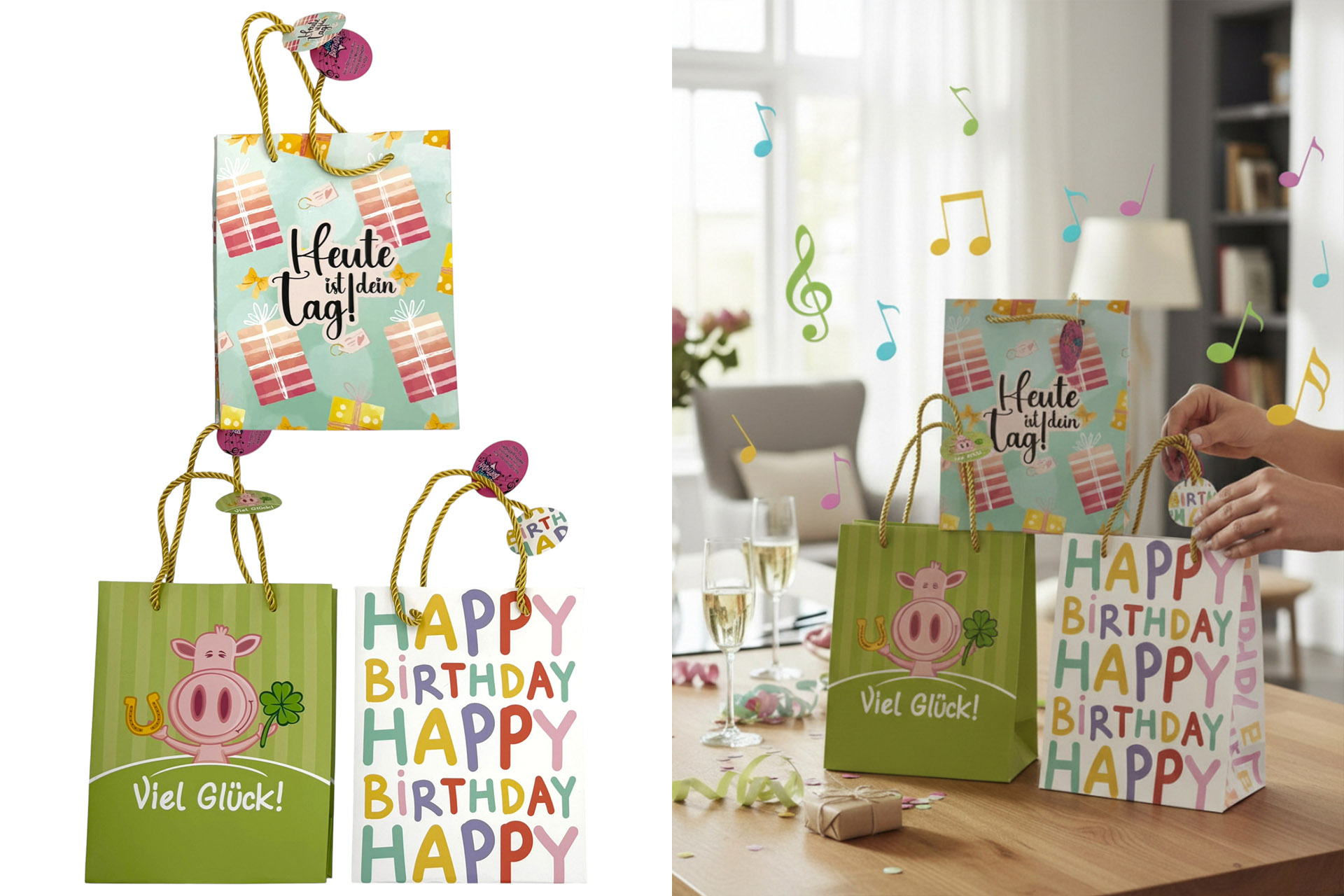 Geschenktüte "Deluxe" mit Musik, 18x23x10cm, 4 Designs