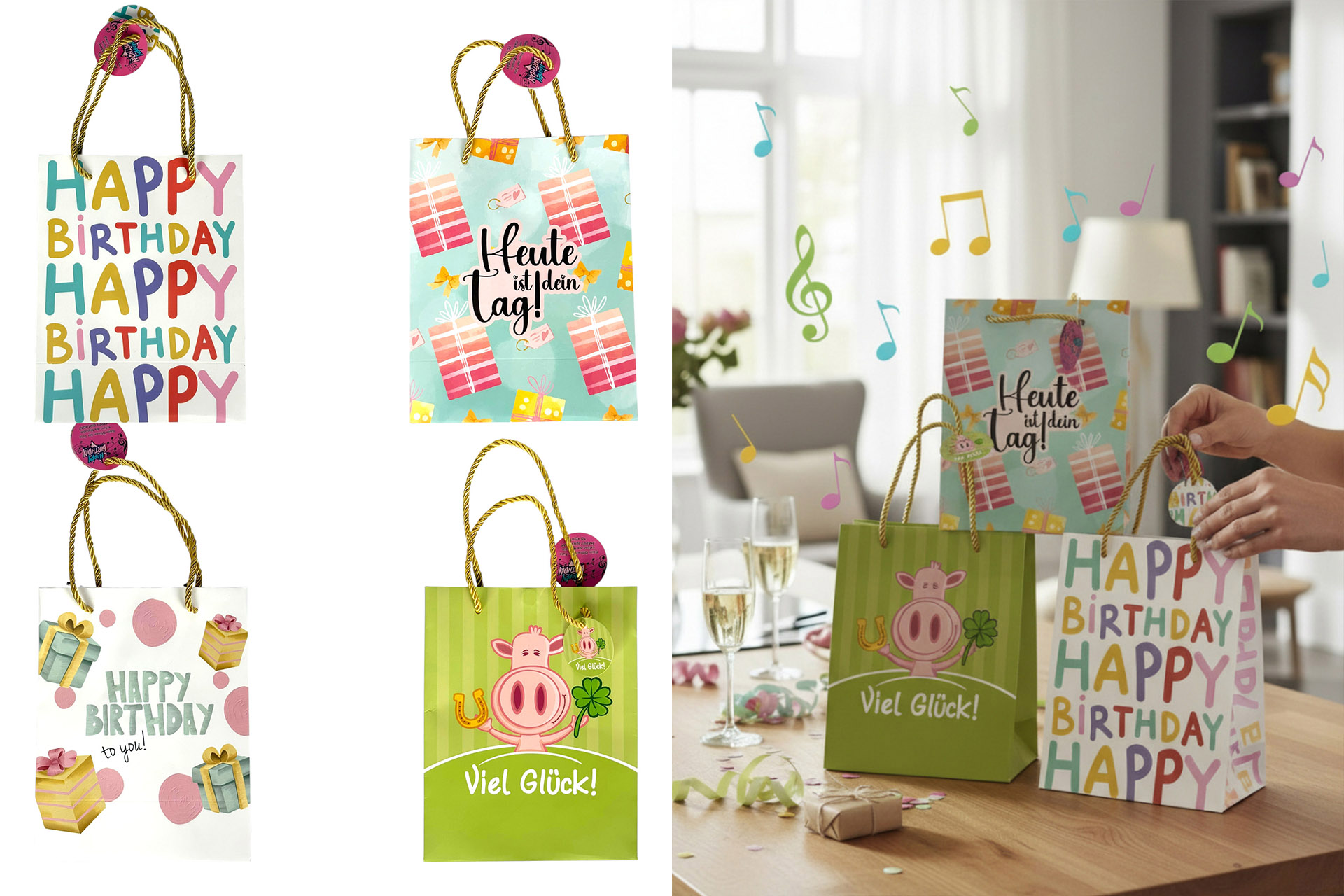 Geschenktüte "Deluxe" mit Musik, 18x23x10cm, 4 Designs