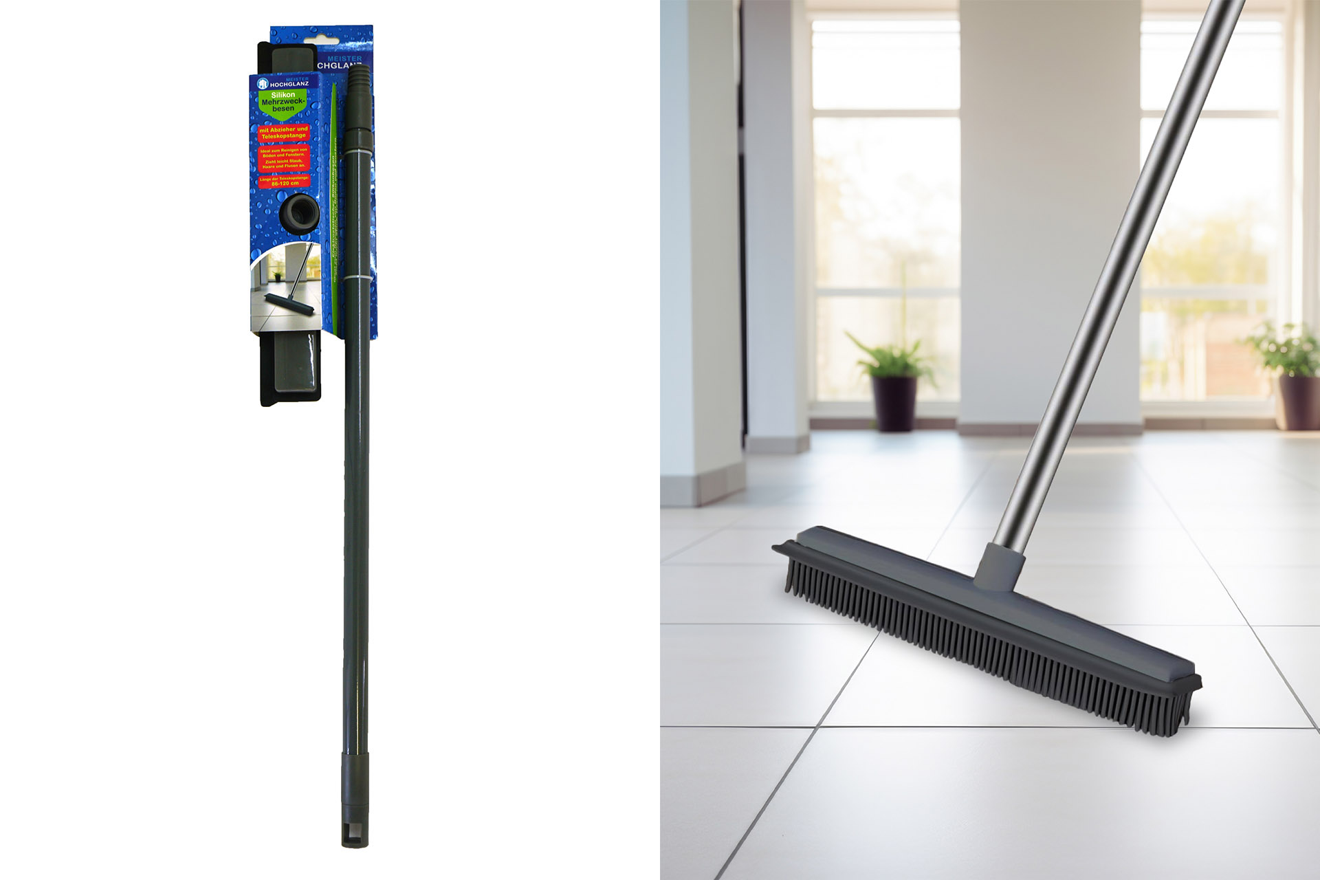 Silikonbesen Mehrzweck mit Abzieher, 86-120cm, grau