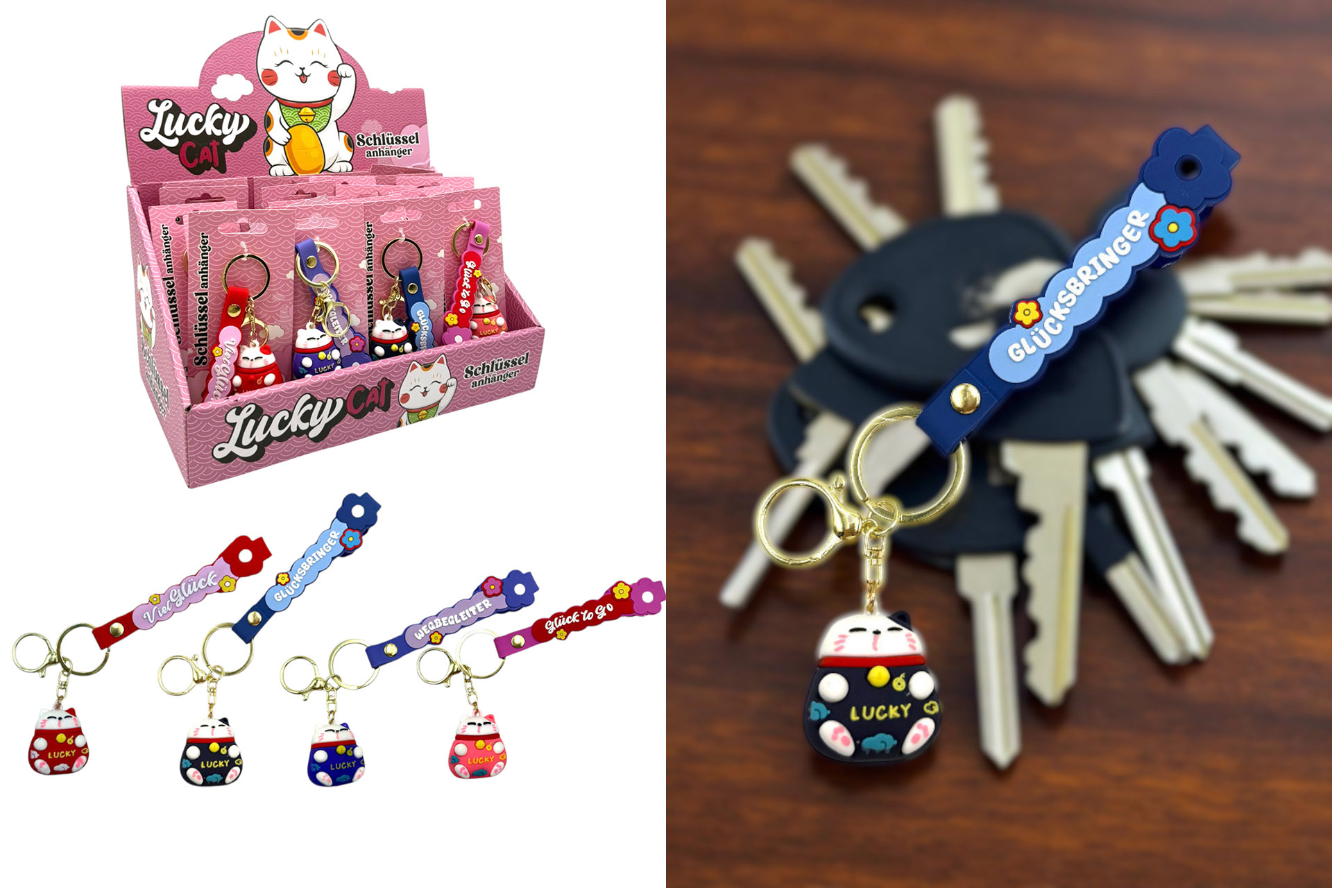 Schlüsselanhänger "Lucky Cat" mit Spruch, 4 Designs, im Display