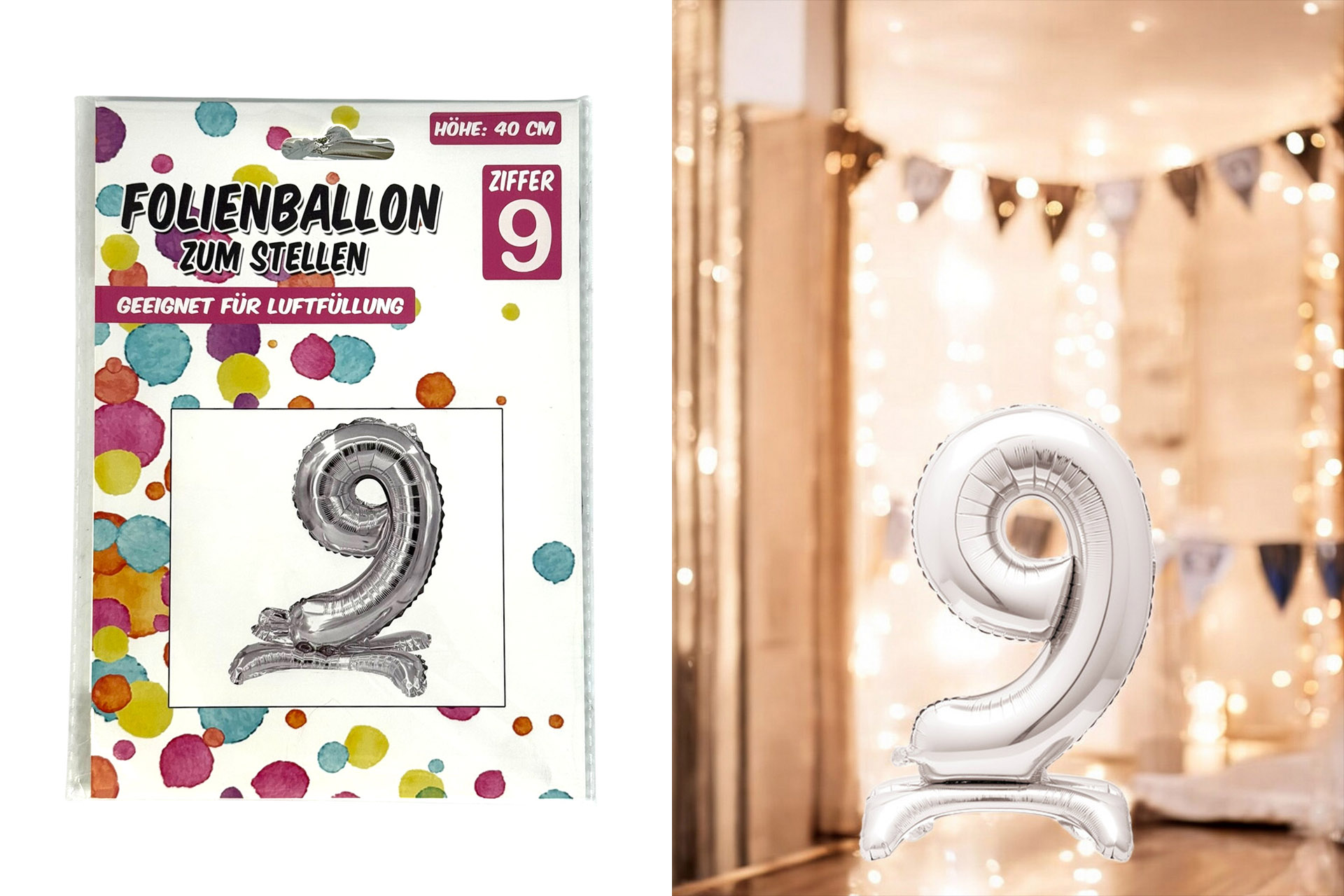 Folienballon zum Hinstellen "9", 40cm, in silber