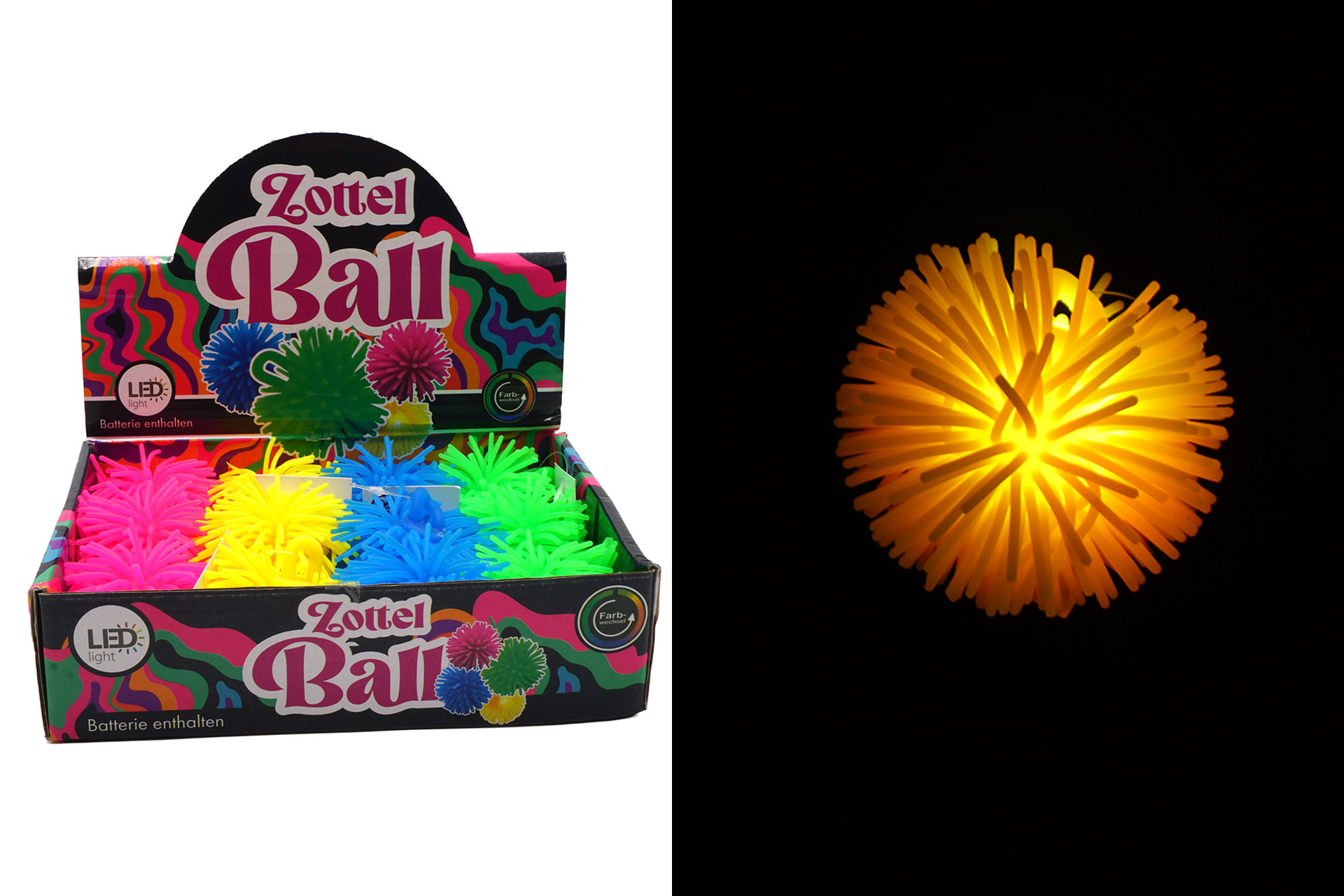 Zottel Ball 6cm, 4 Farben, im Display, LED