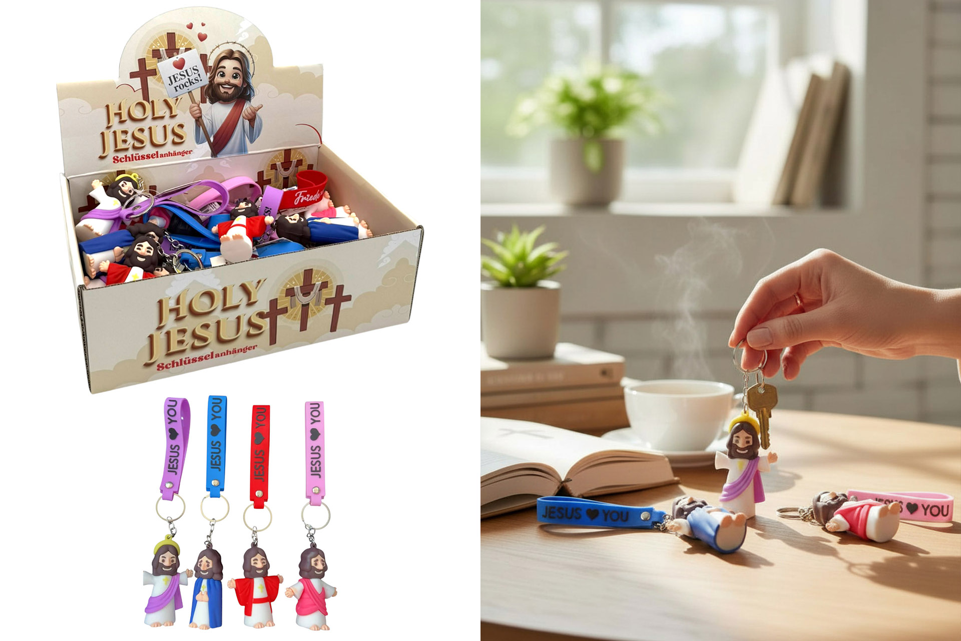 Schlüsselanhänger "Holy Jesus", 6x7,5x14cm, 4 Designs und Sprüche, im Display