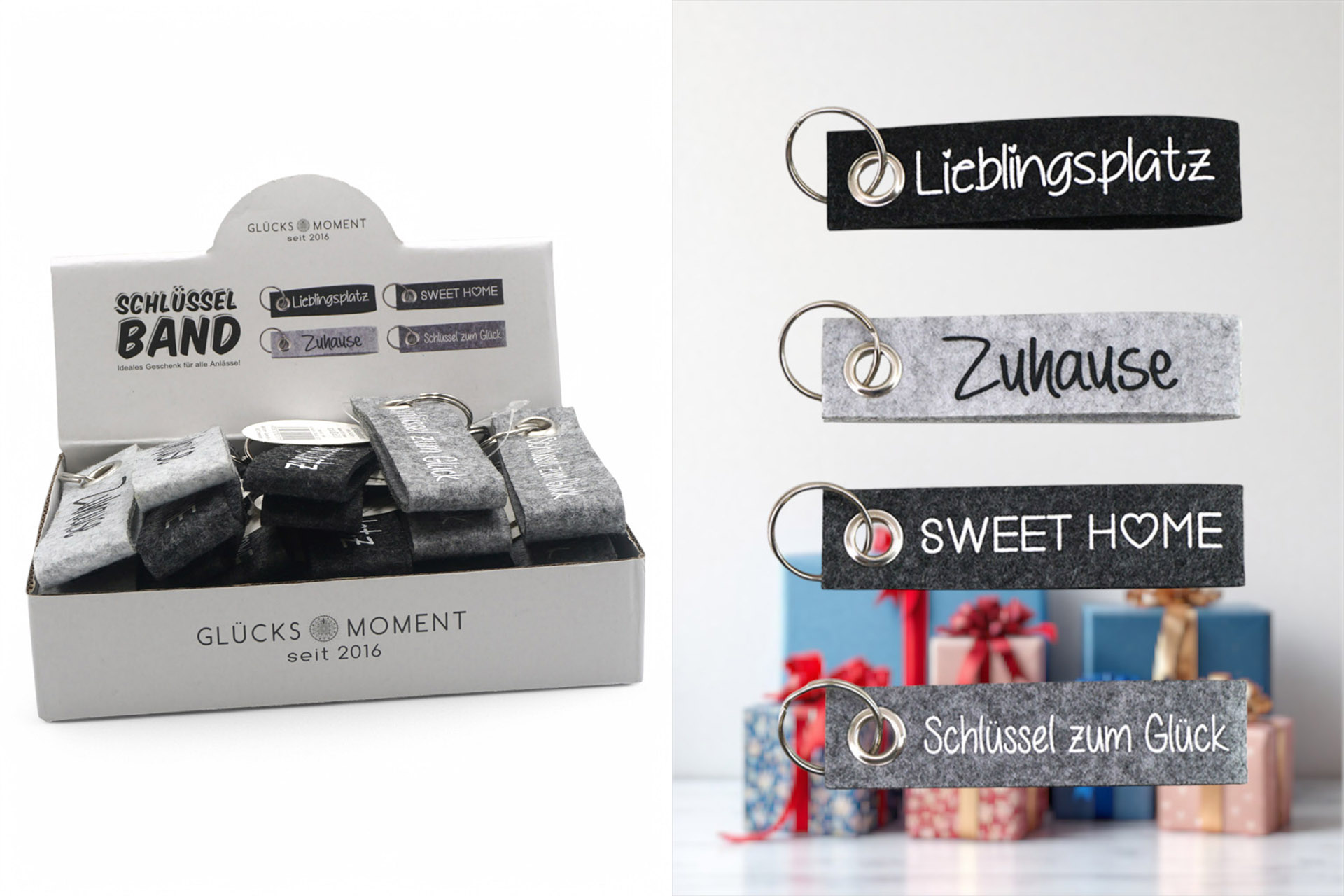 Schlüsselband Filz, 10x2,5cm, 4 Farben, im Display