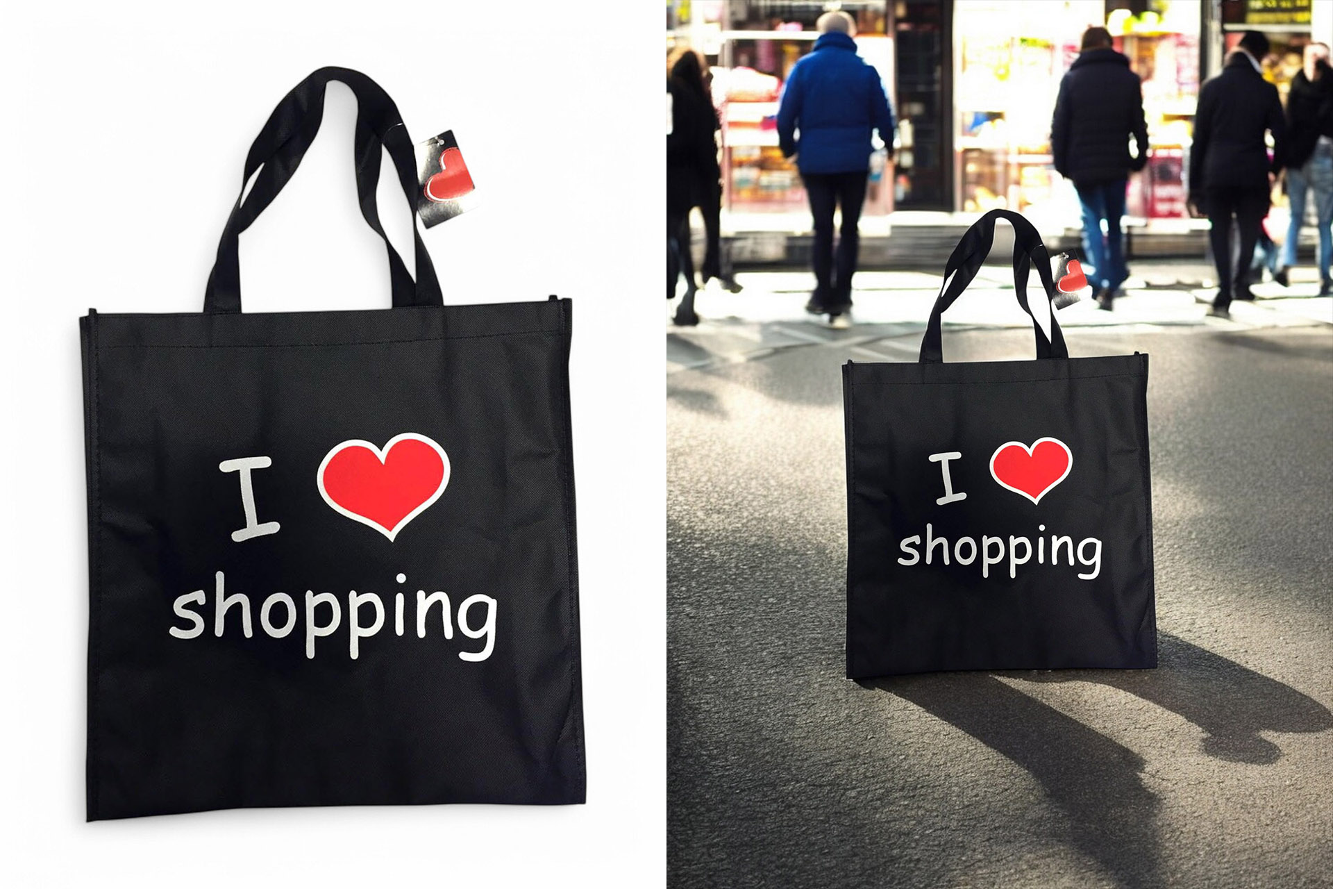 Einkaufstasche "I love Shopping" non Wooven, schwarz