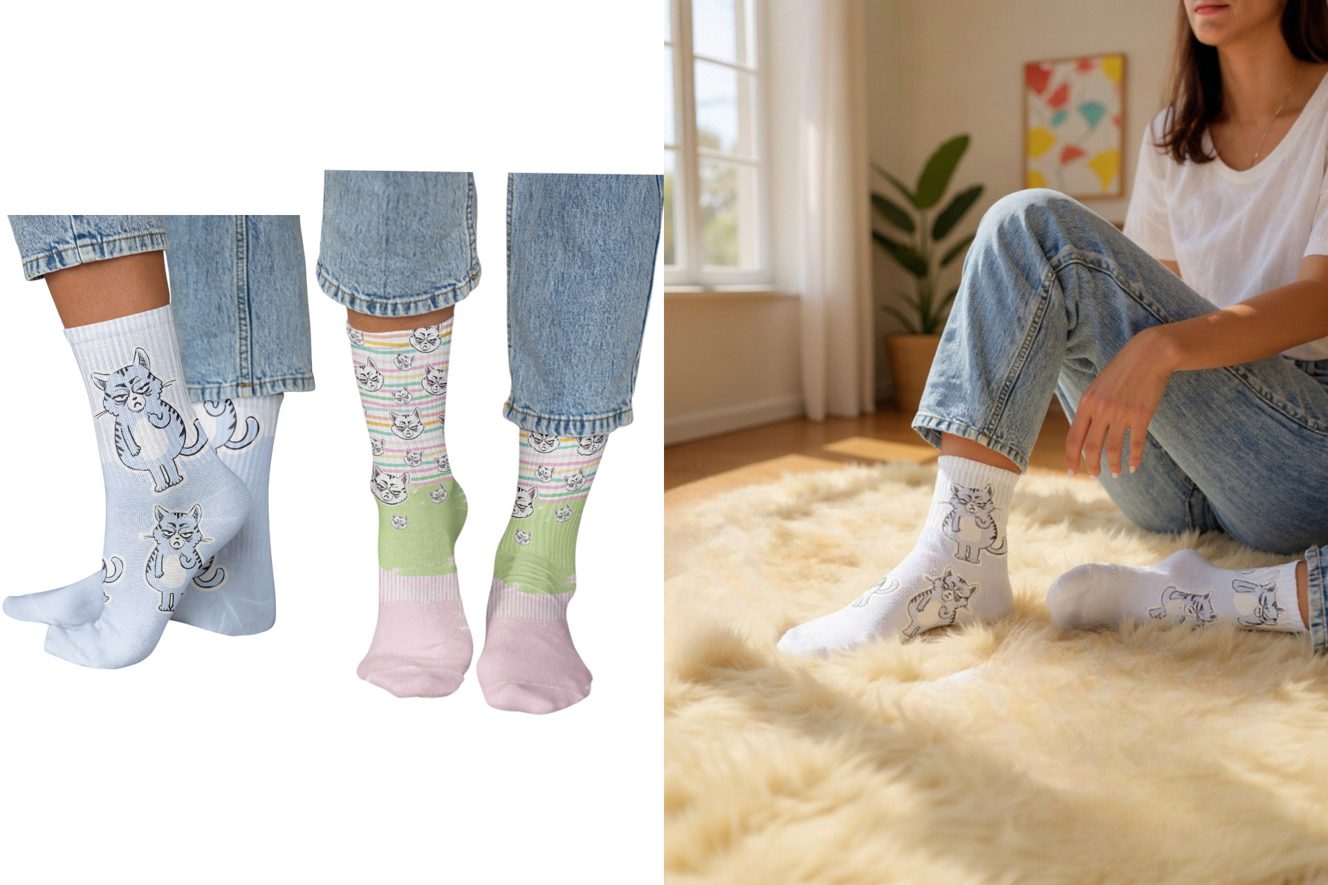 Socken "Miesekatze", 7x21cm, 2 Designs, Gr 36-41, Gr. 42-45 sortiert