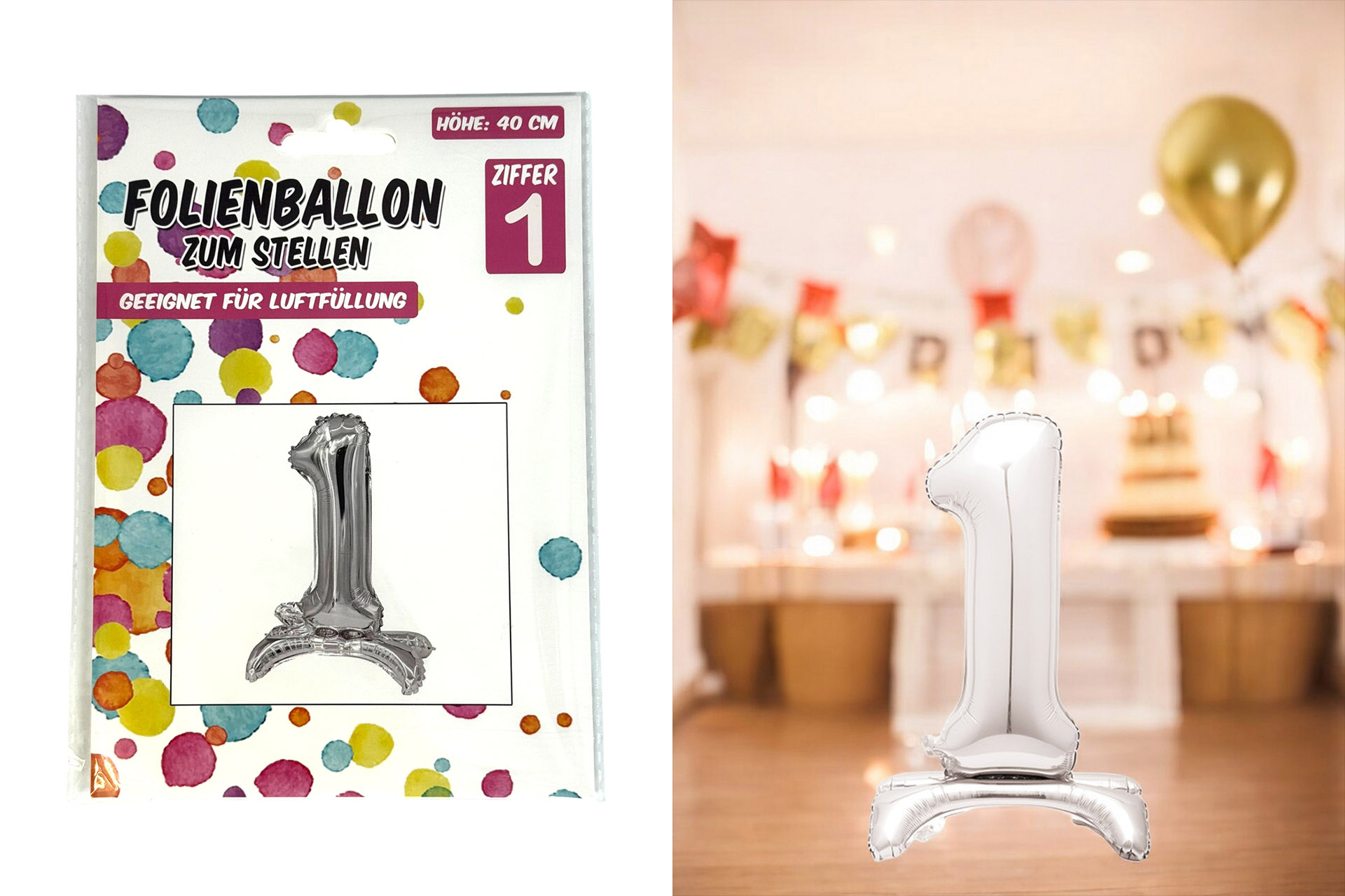 Folienballon zum Hinstellen "1", 40cm, in silber
