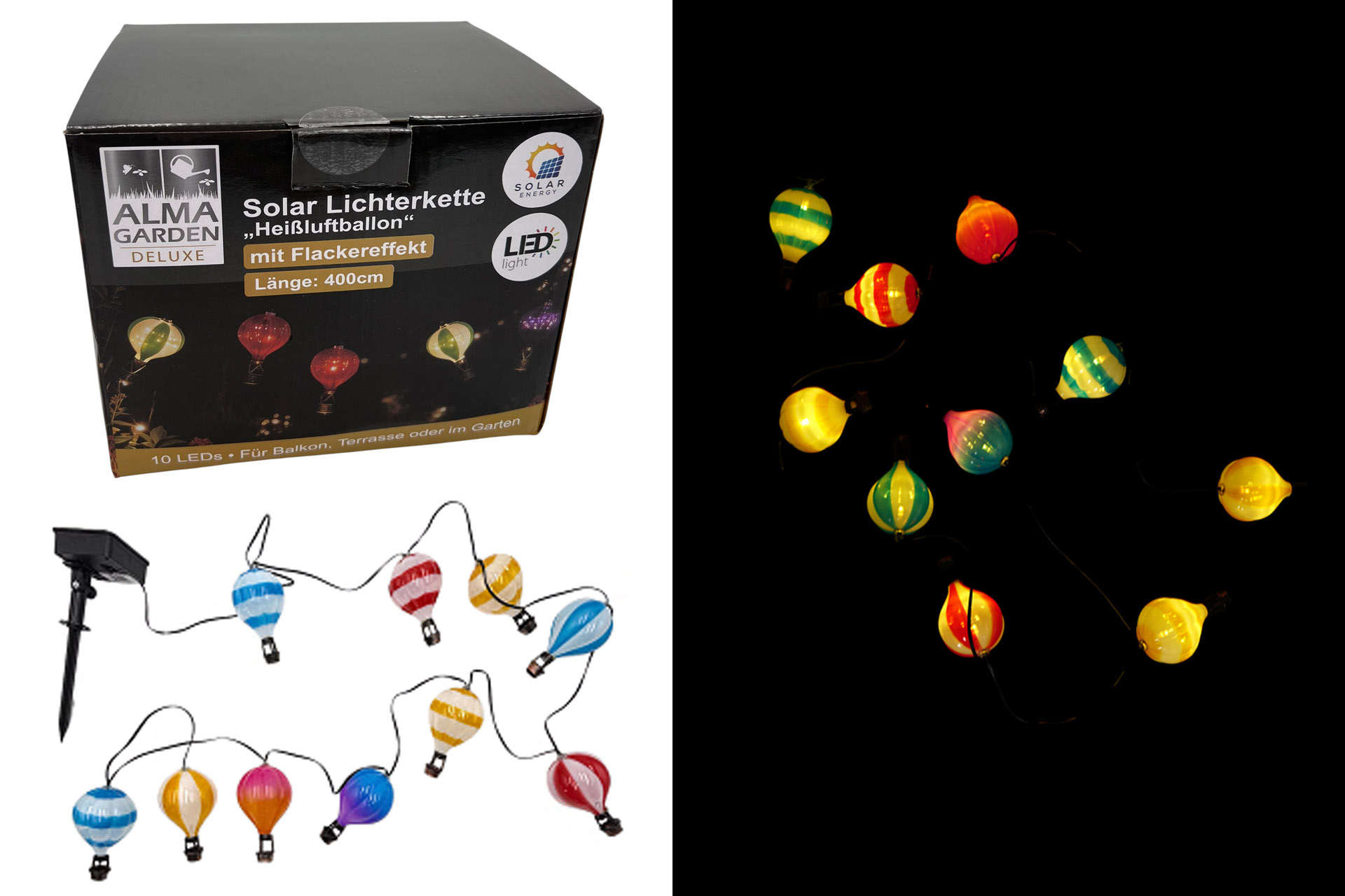 LED Solar "Heißluftballon" Lichterkette mit Flammenlicht, 10 LEDs, 9x6x400cm