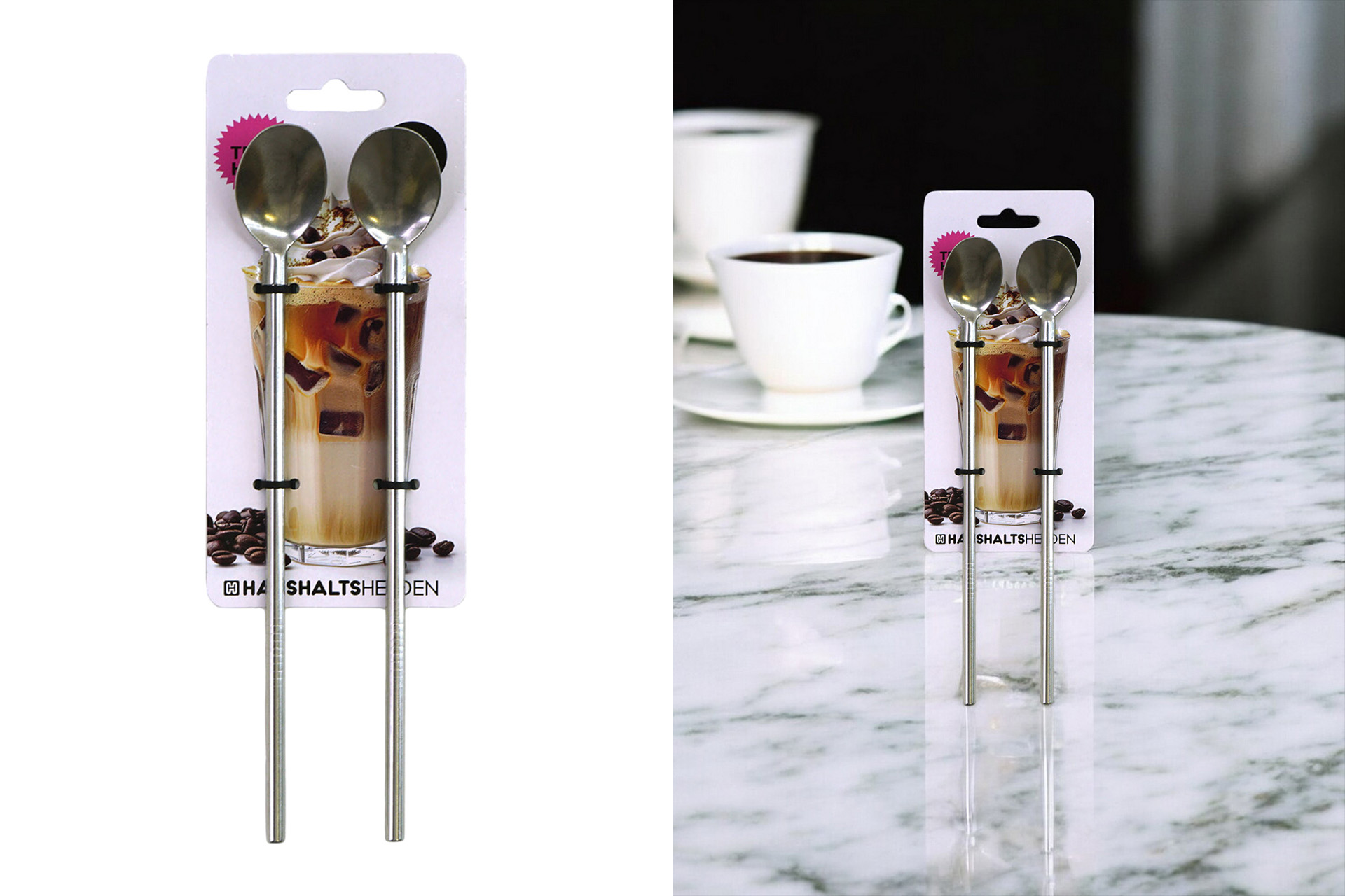 Edelstahl Trinkhalm mit Löffel, 25cm, 2er Set