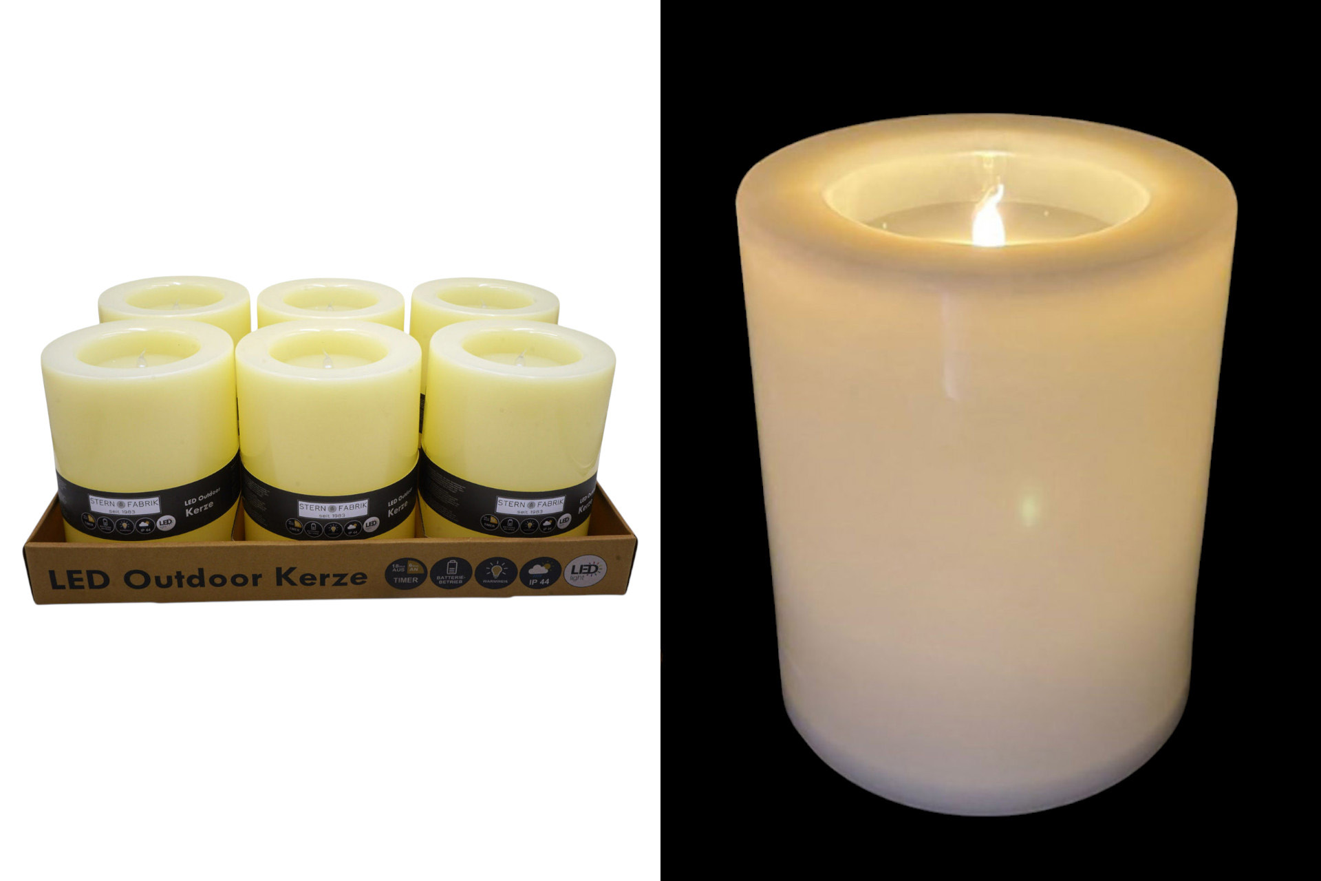 LED Outdoor Kerze, 15,5x15,5x19cm, mit Timer, creme, im Display