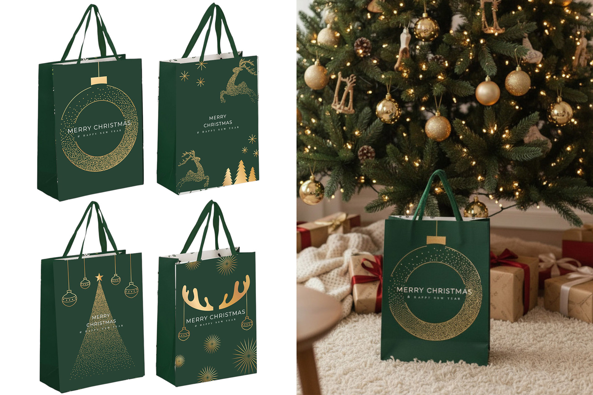 Geschenktüte Frohe Weihnachten und Frohes neues Jahr "Dunkelgrün & Gold" 26x32x12cm, 4 Designs