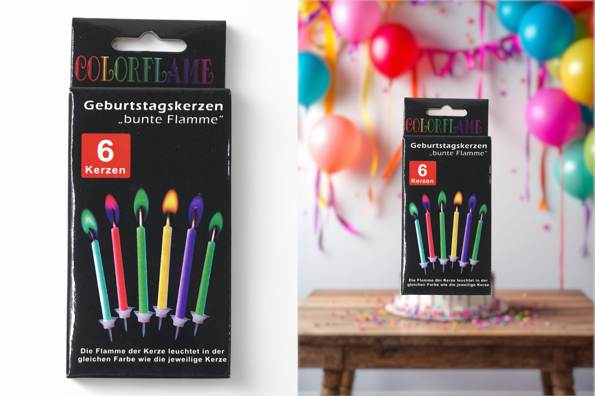 Geburtstagskerzen 6er Set "Bunte Flamme" 5,5cm, 6 Farben