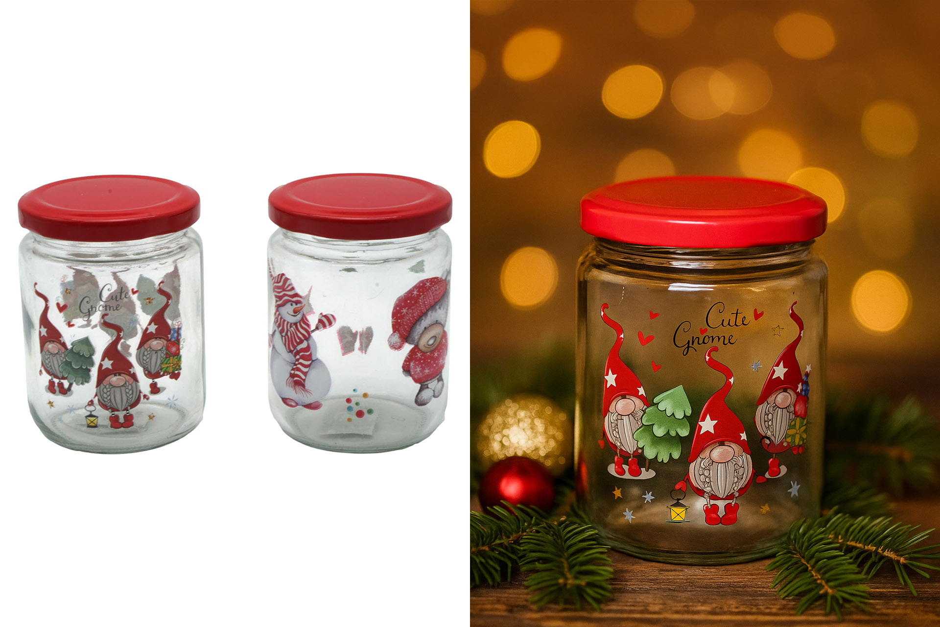 Weihnachtsdeko Glas "Einmachglas m. rotem Deckel", 230ml, 2 Designs