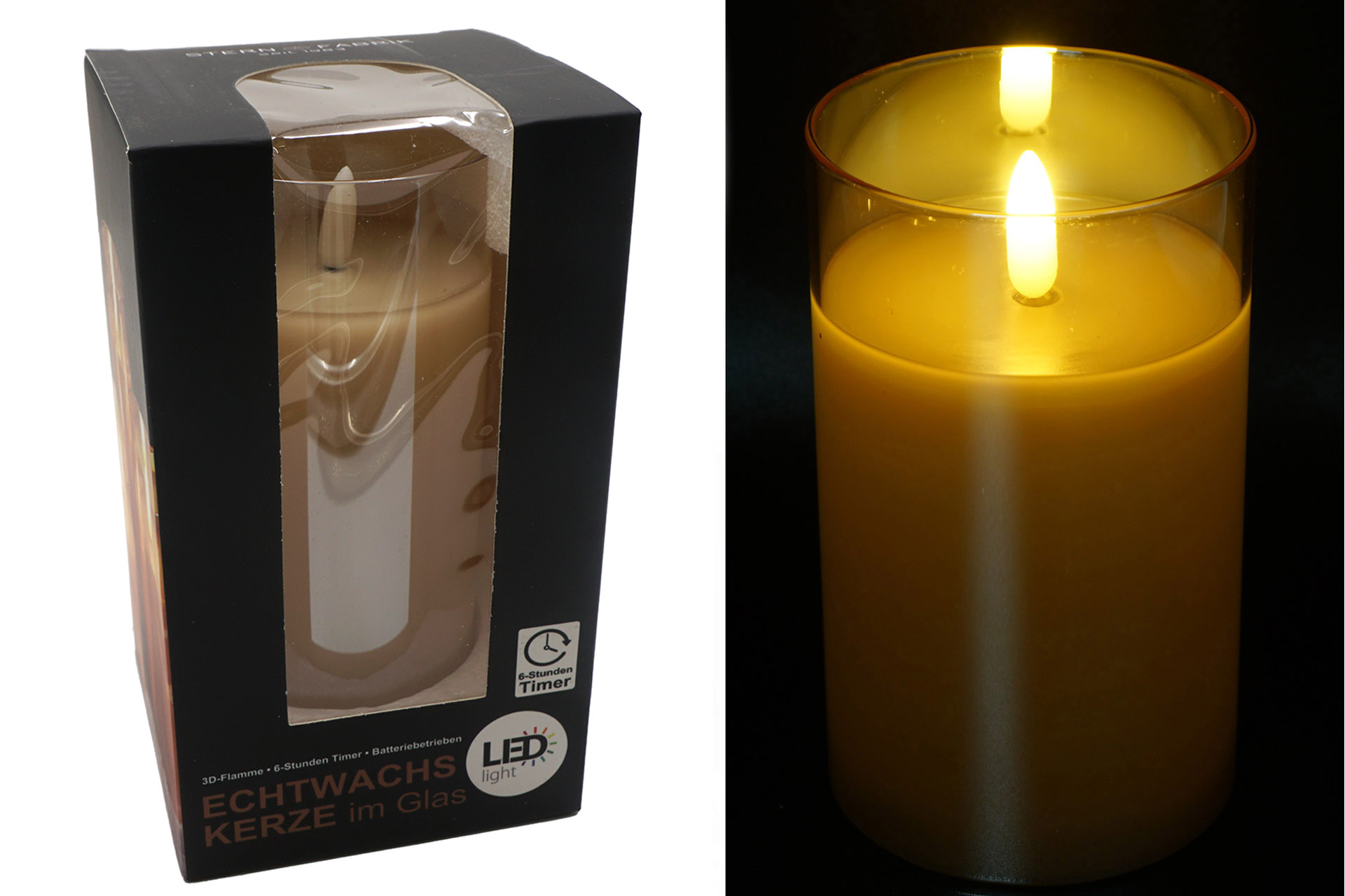 LED Echtwachskerze in Glas "3D Flamme" 7,5x15cm mit Timer, champagner