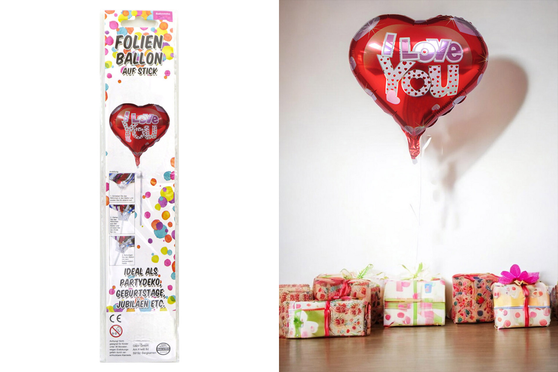 Folienballon Sortiment Refill für Display "I LOVE YOU" mit Stick, 35cm