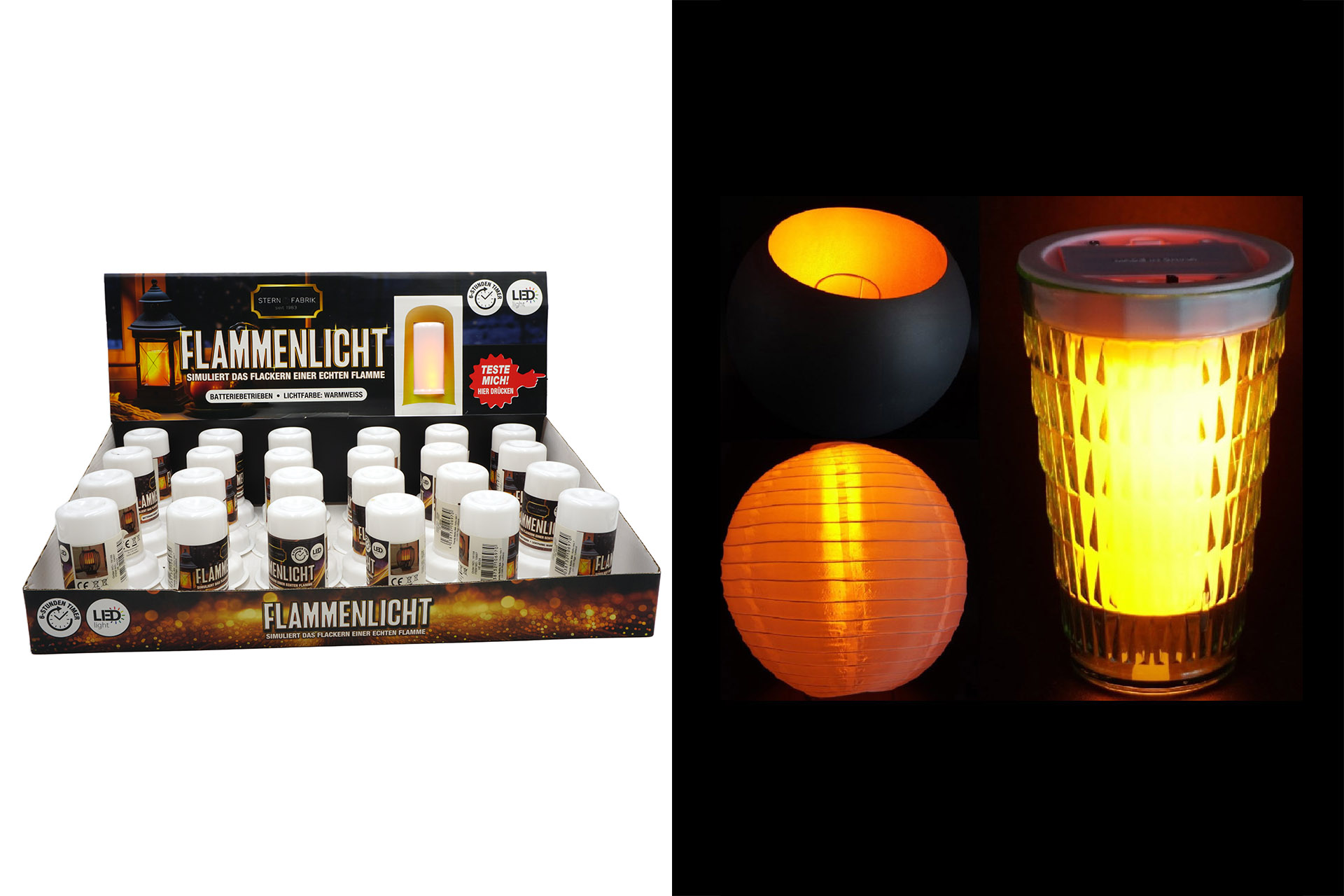 Flammenlicht Leuchte mit Akku, 12 SMD`s, Display, 9x7,5cm, mit Timer, TRY ME
