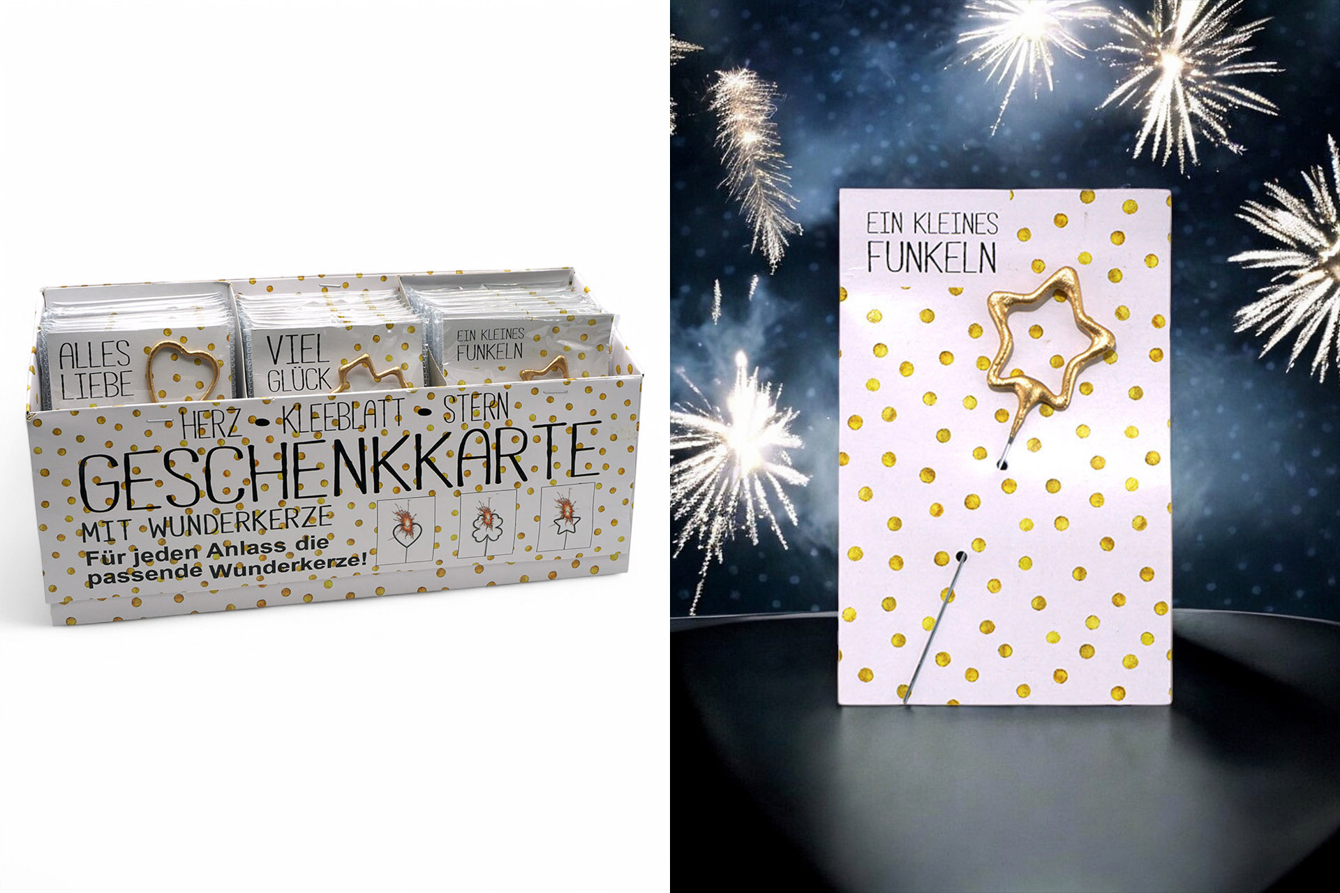 Wunderkerze/Geschenkkarte gold, 10cm, Herz/Kleeblatt/Stern sortiert im Display