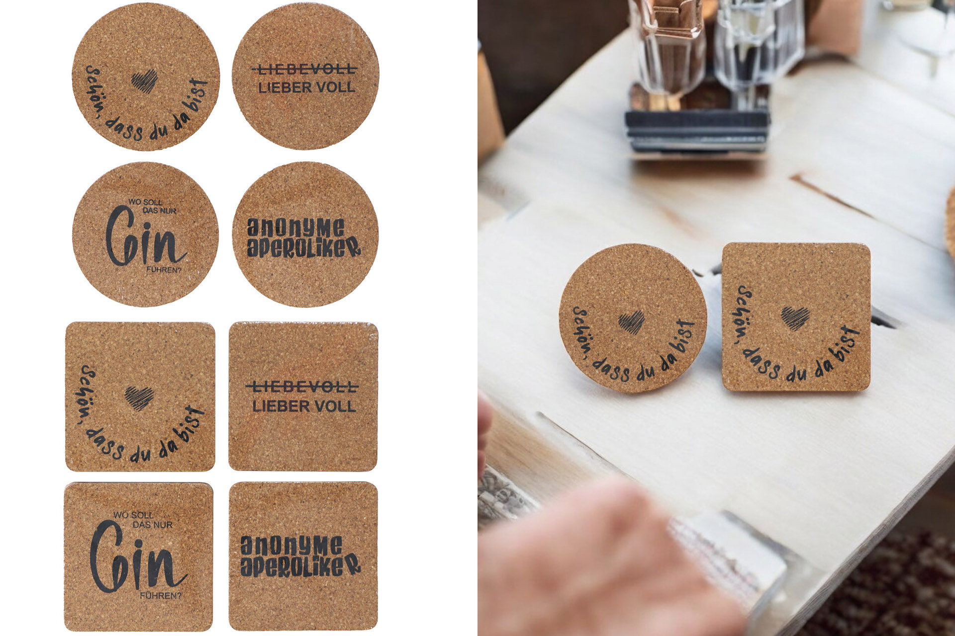 Korkuntersetzer 4er mit Spruch, rund und eckig, 4 Sprüche, sortiert