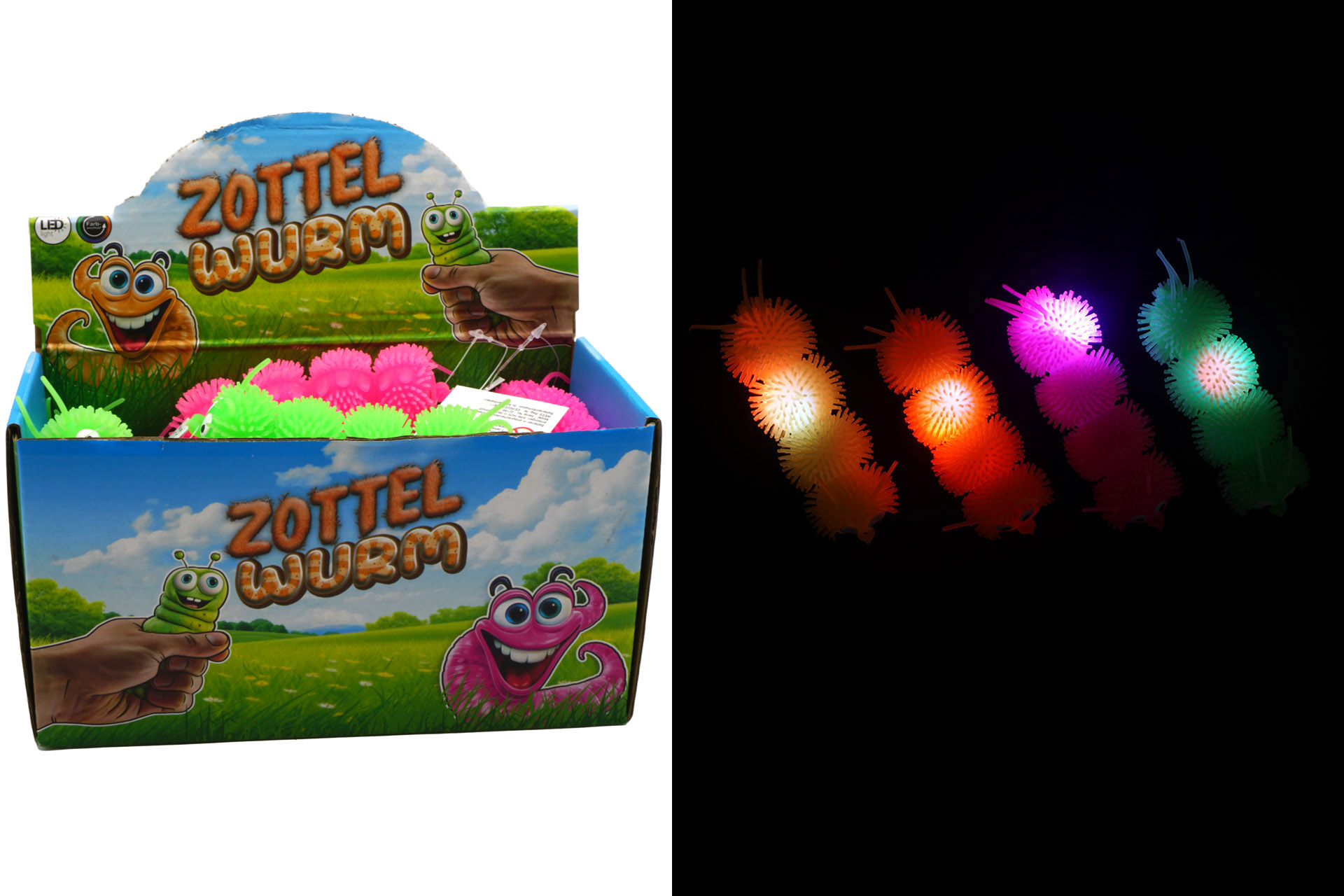 Zottel Wurm 12x3,5cm, 4 Farben, im Display, LED