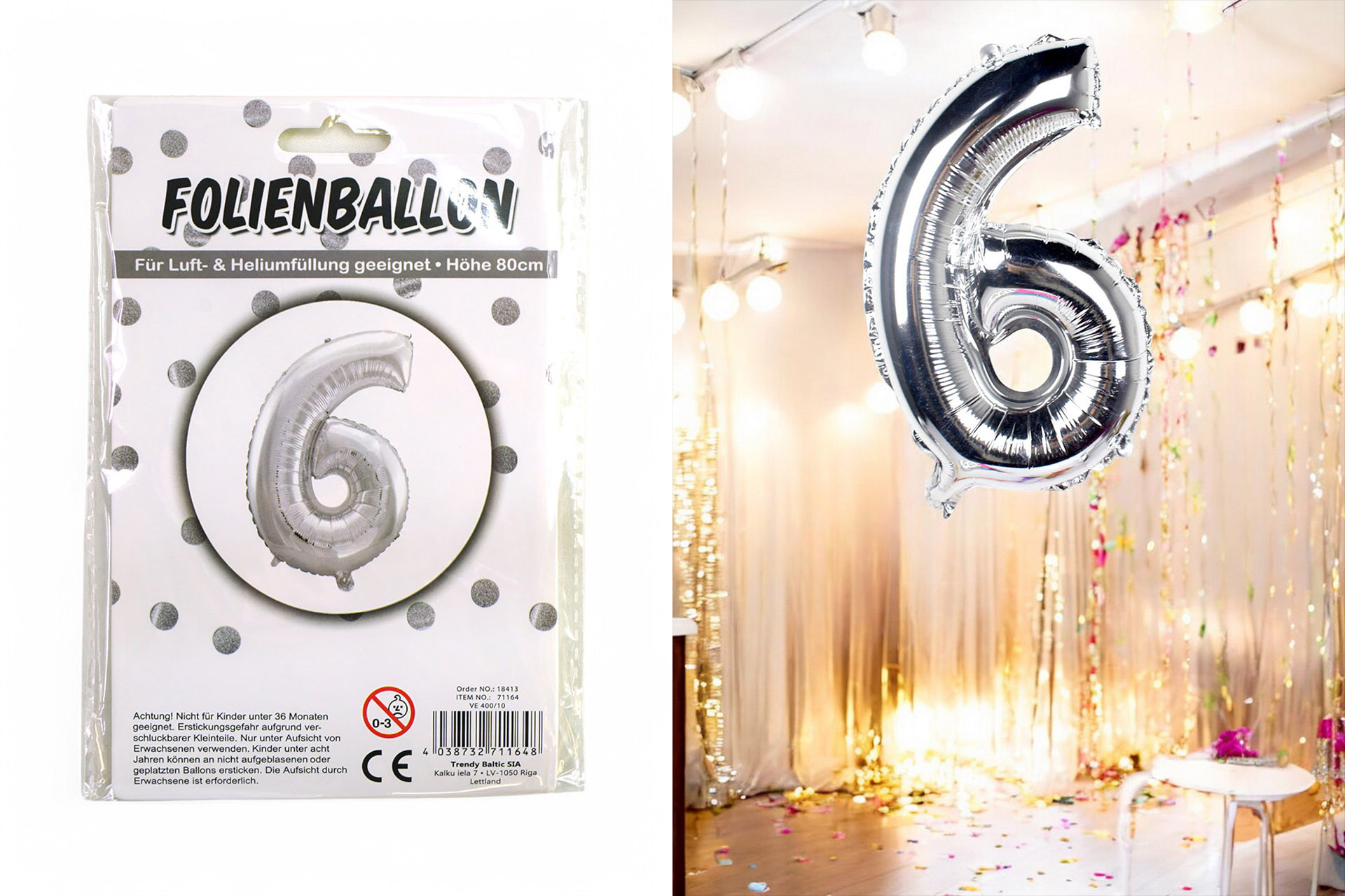 Foil balloon number 6, 80cm silver
