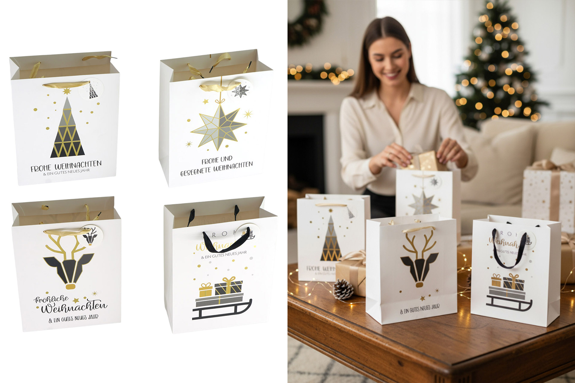 Geschenktüte Weihnachten "Modern Christmas White" 18x23x10cm, 4 Designs