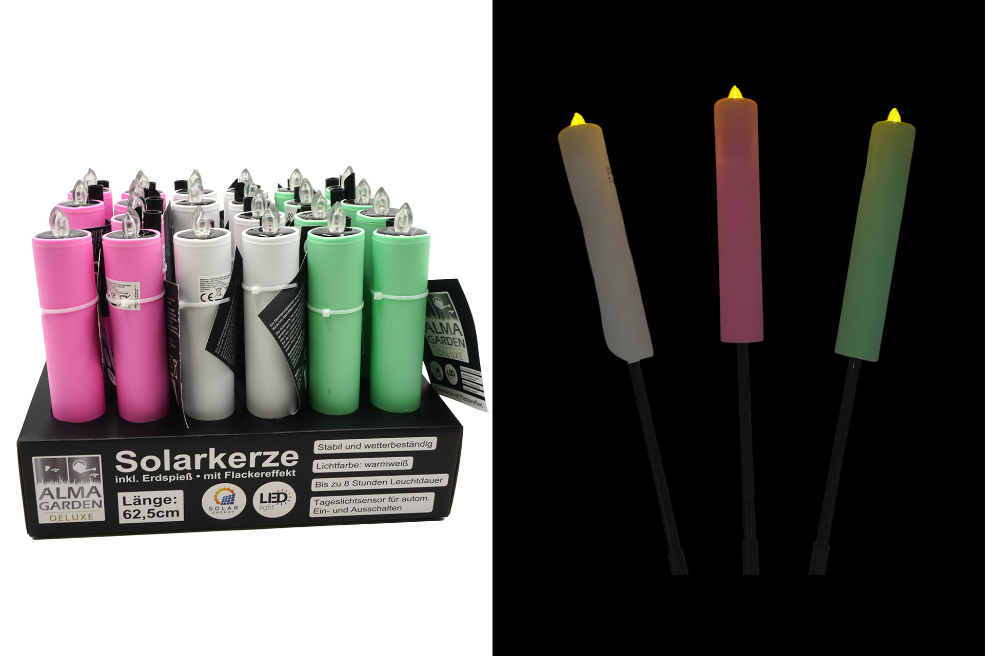 LED-Solarkerze, 62,5x4cm, 3 Farben, im Display