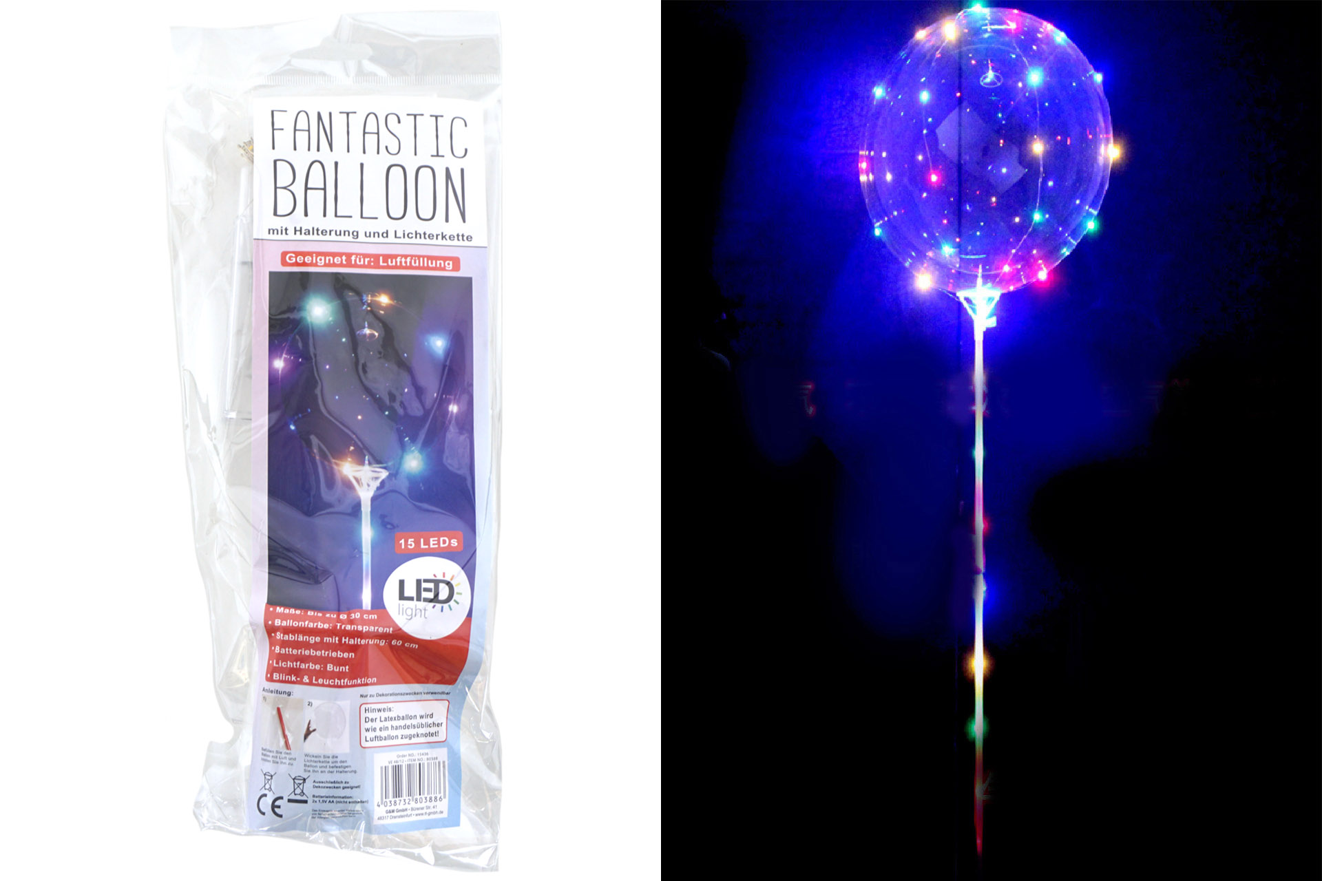 Bobo Fantastic Ballon mit Stab und 15 LED, Ø bis 25cm