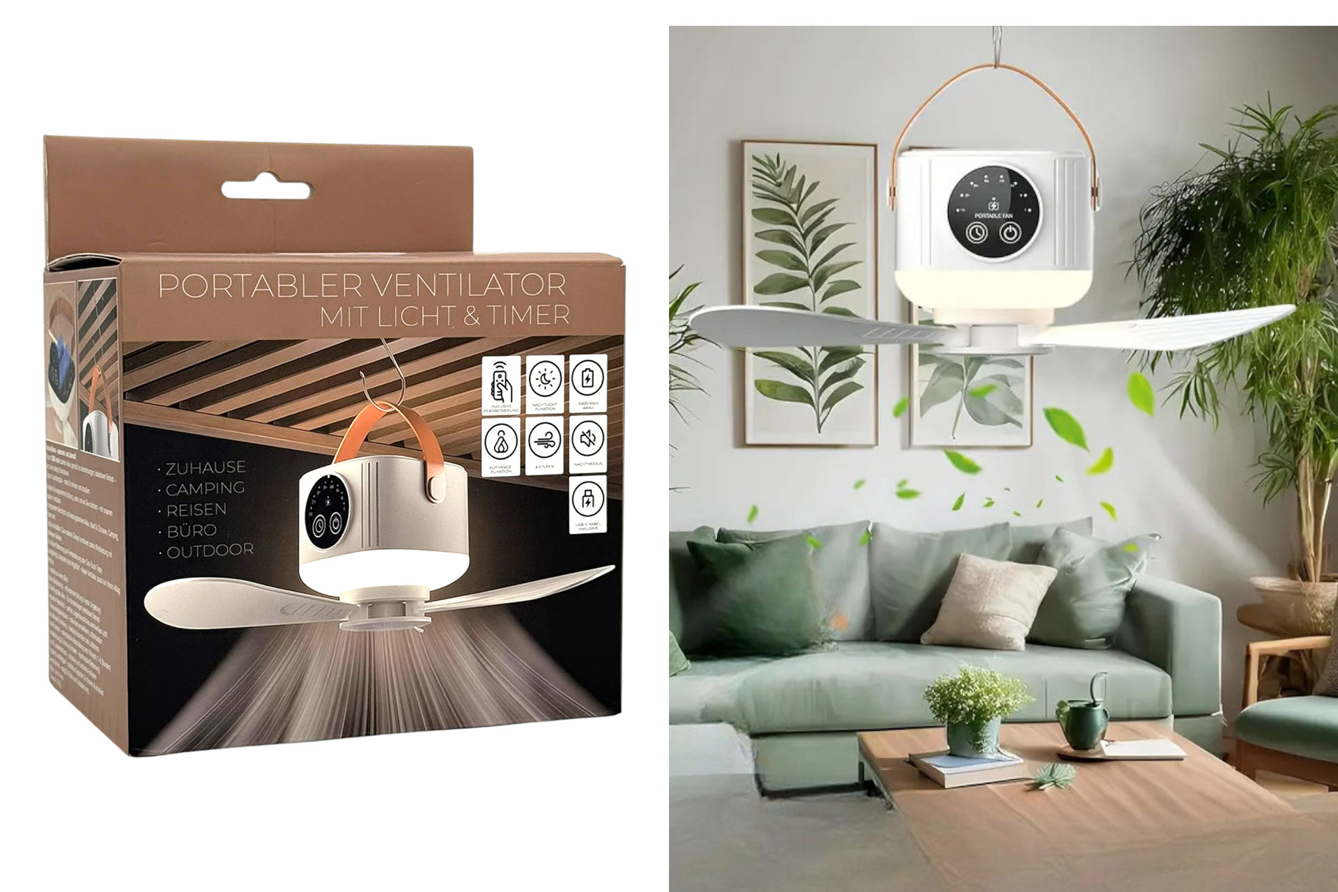 Ventilator "Hängen",  USB-C Kabel & Band inklusive, 27x11,5cm, 4 Geschwindigkeiten, Lichtfunktion, mit Timer, mit Fernbedienung