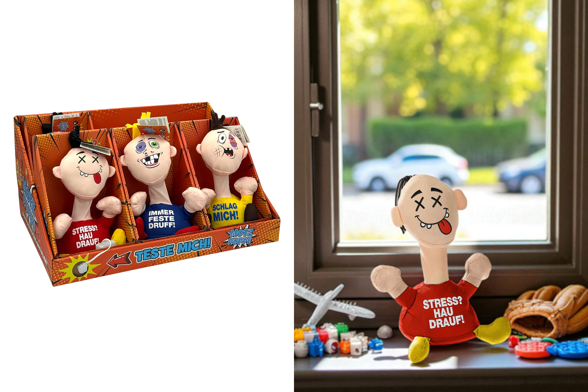 Motzpuppe, 25x15x12cm, inkl. 4x Saugnapf, 3 Designs, im Display