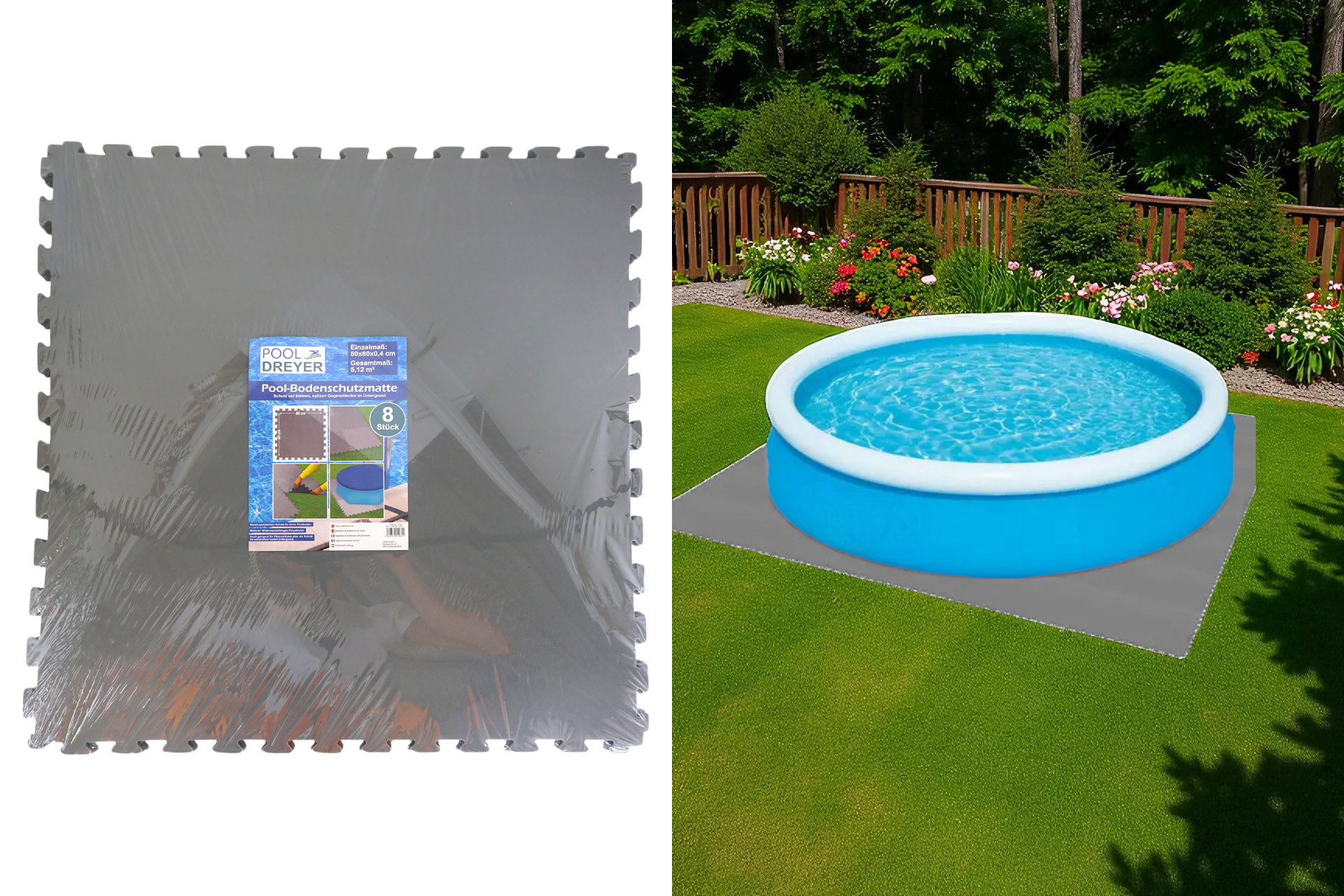 Bodenschutzmatte 80x80cm, 8 Stück, für Pools, Fitnessraum, etc. GRAU