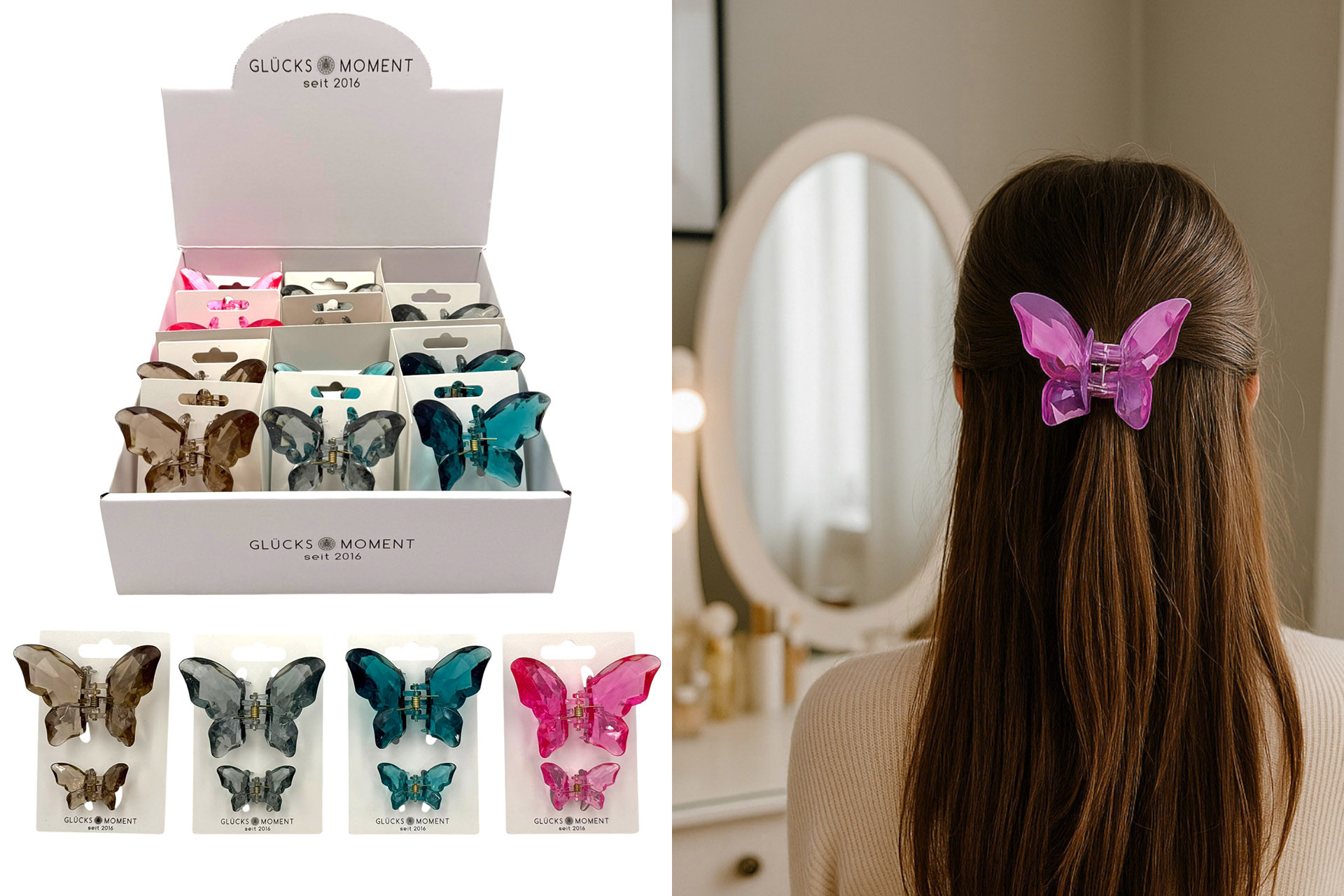Haarspangen Set Acryl "Schmetterling" 2tlg, 4 Farben, im Display