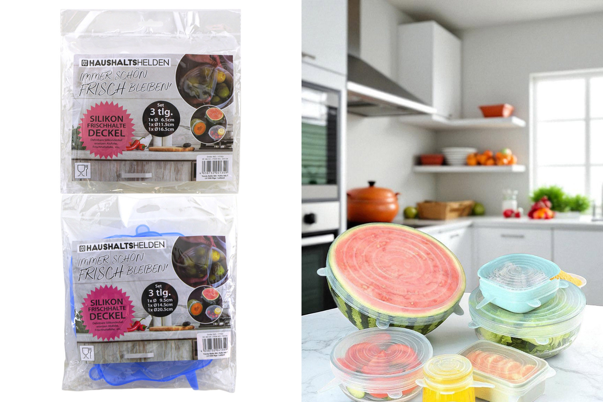 Frischhaltedeckel Silikon, 3-tlg Set, 2-fach sortiert, 2 Farben