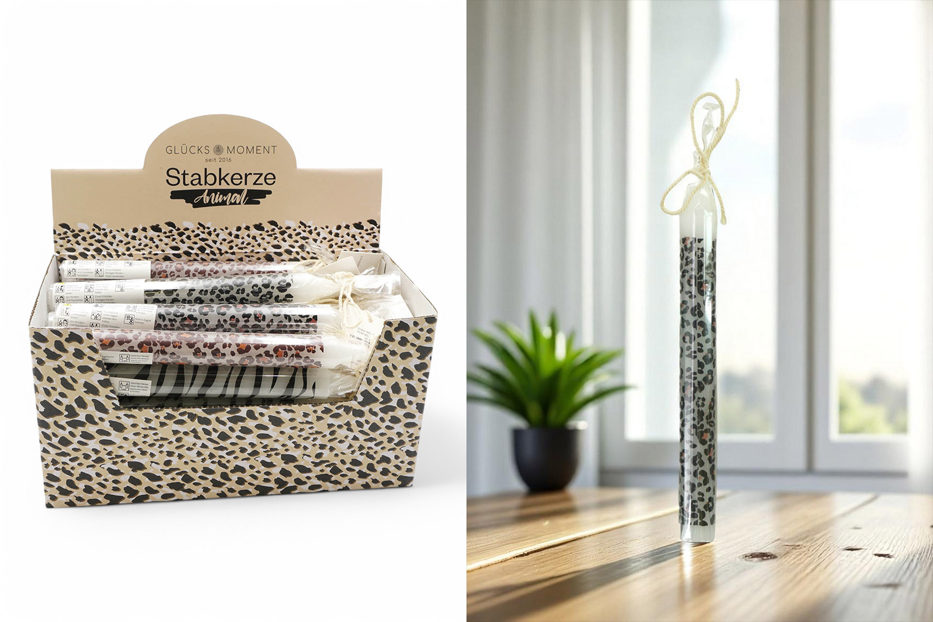 Stabkerze "Animal", 19x2cm, Echtwachs, 4 Designs, im Display