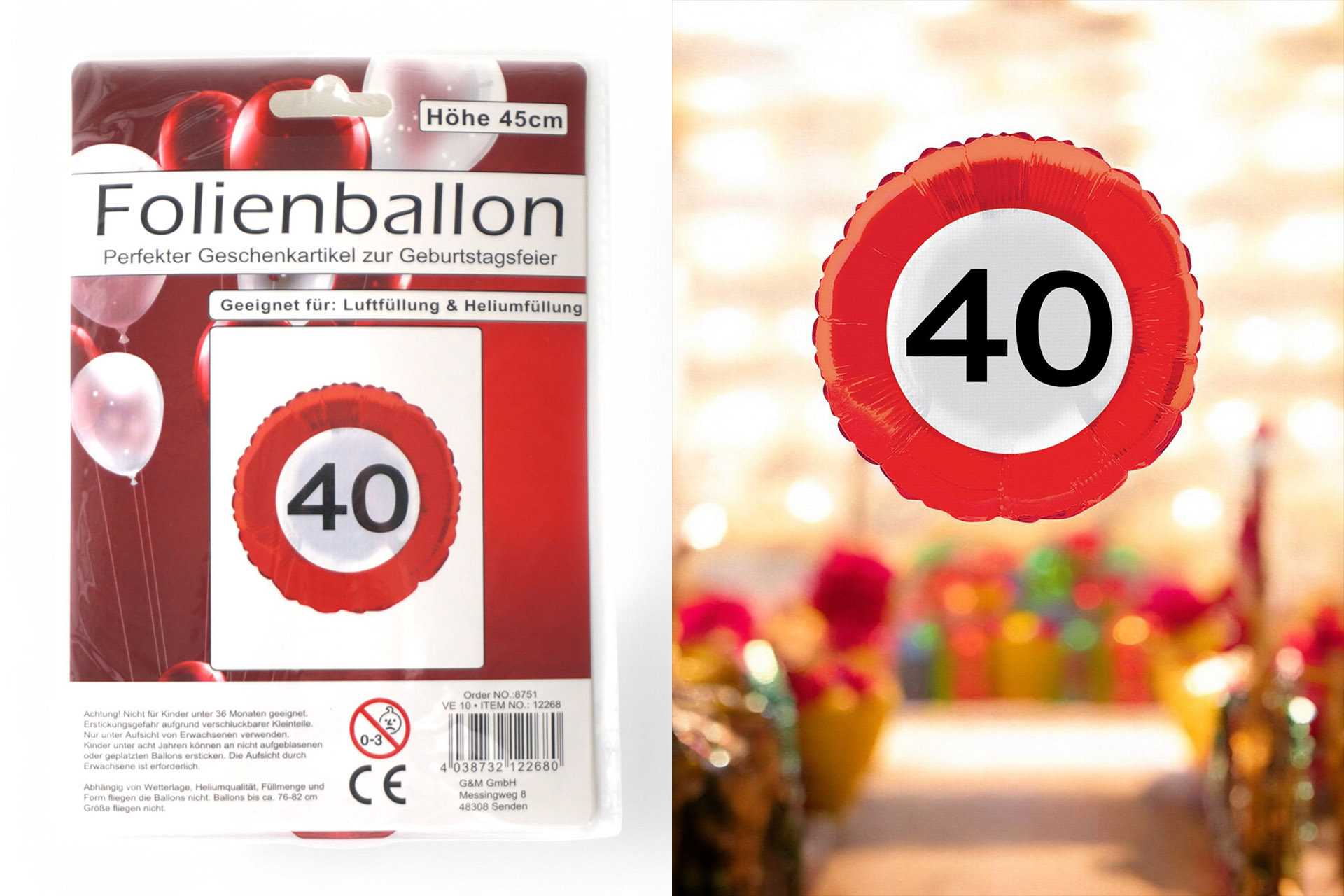 Foil ballon, road sign "40", 45cm