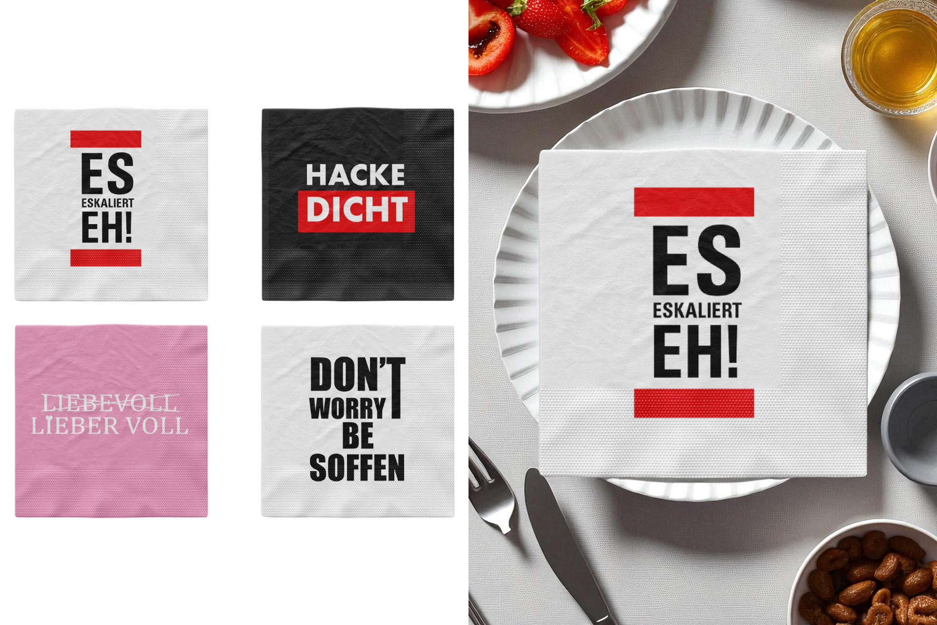 Servietten "Malle-Party" 33x33cm, ¼ Falz, 3-lagig, 20er Pack, 4 Designs