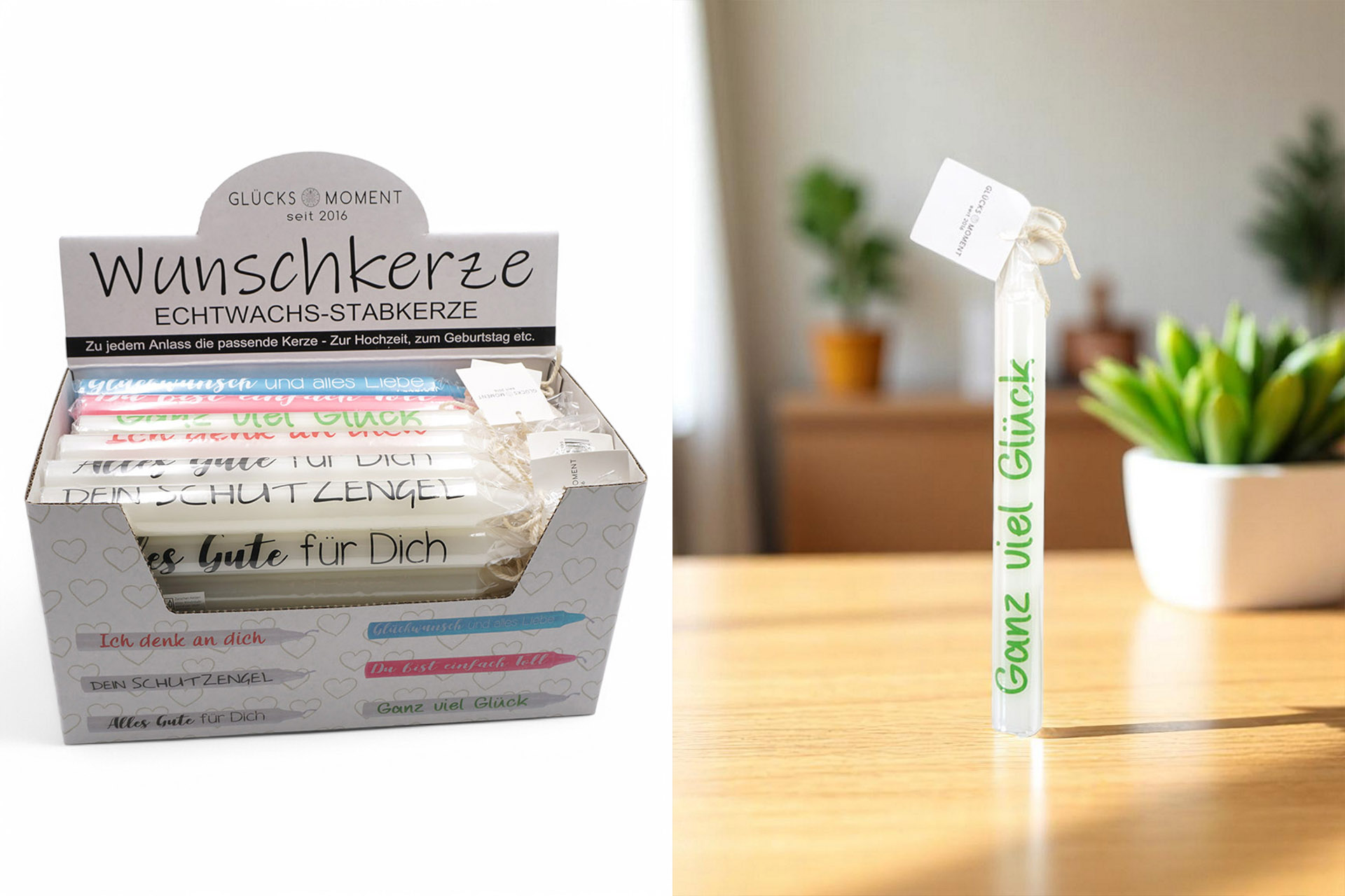 Stabkerze mit Spruch, 6 Designs, 19x2cm, Echtwachs, Display