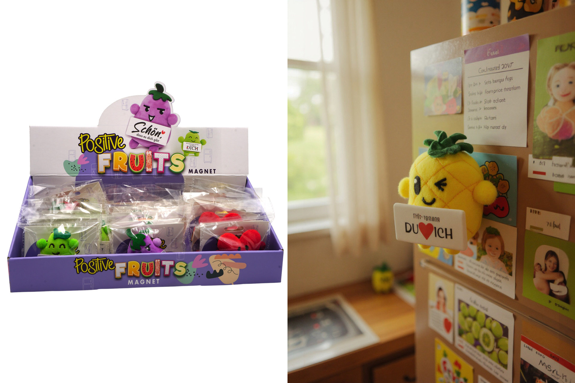 Kühlschrankmagnet "Positiv Fruits" mit Spruch, 7x6x2cm,6 Designs, im Display