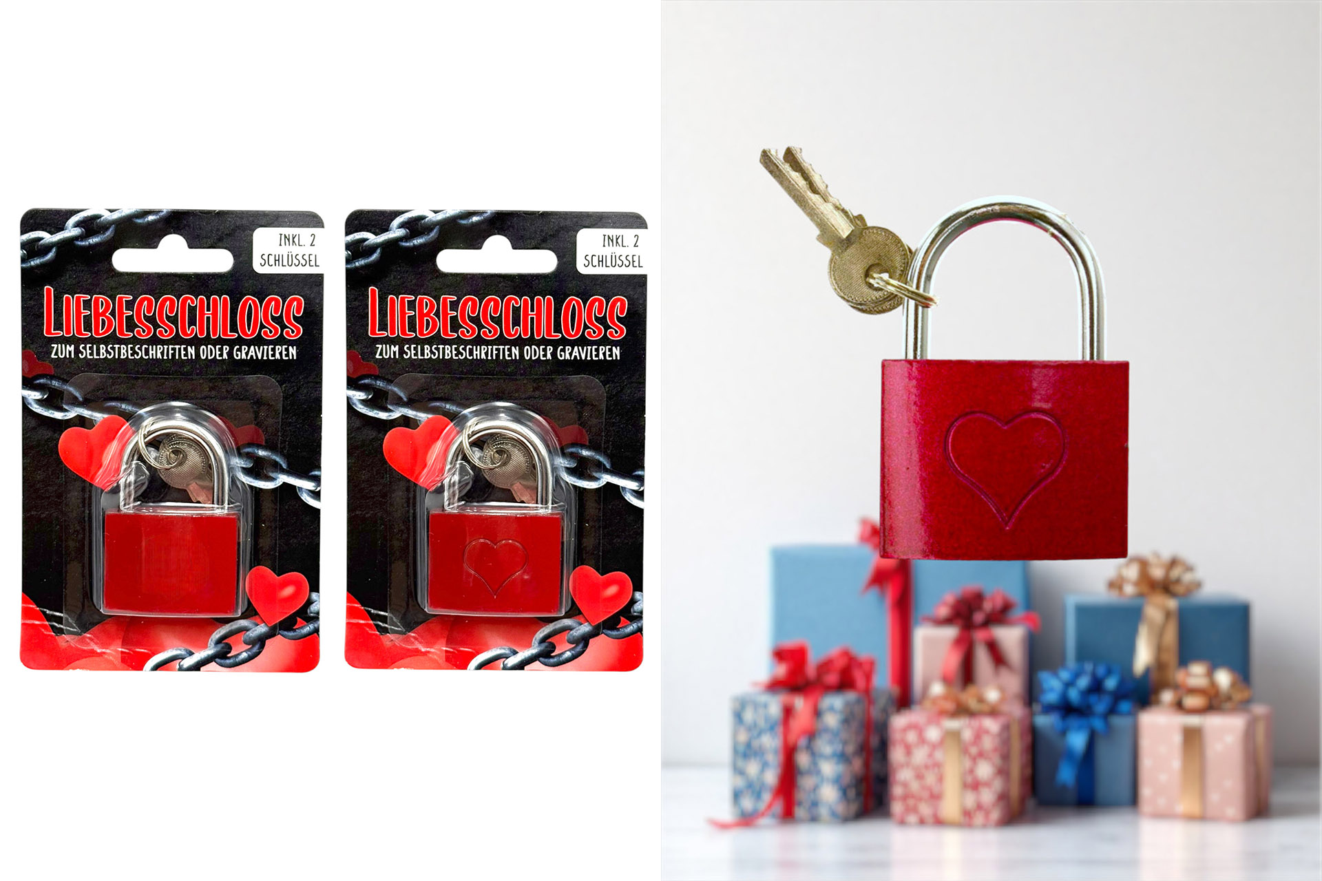 Liebesschloss mit 2 Schlüsseln 5,5x4cm, 2 Designs