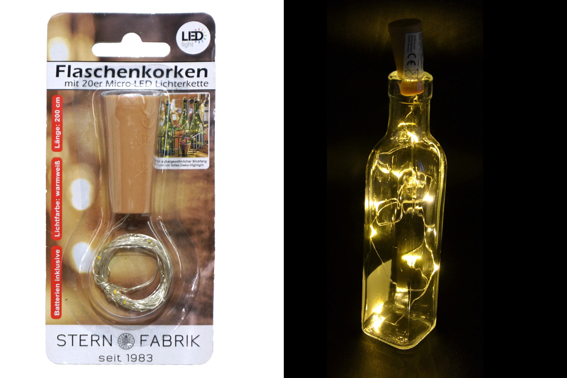LED Flaschenkorken warmweiß Kunststoff mit 20er Mikro-LED-Lichterkette 200cm