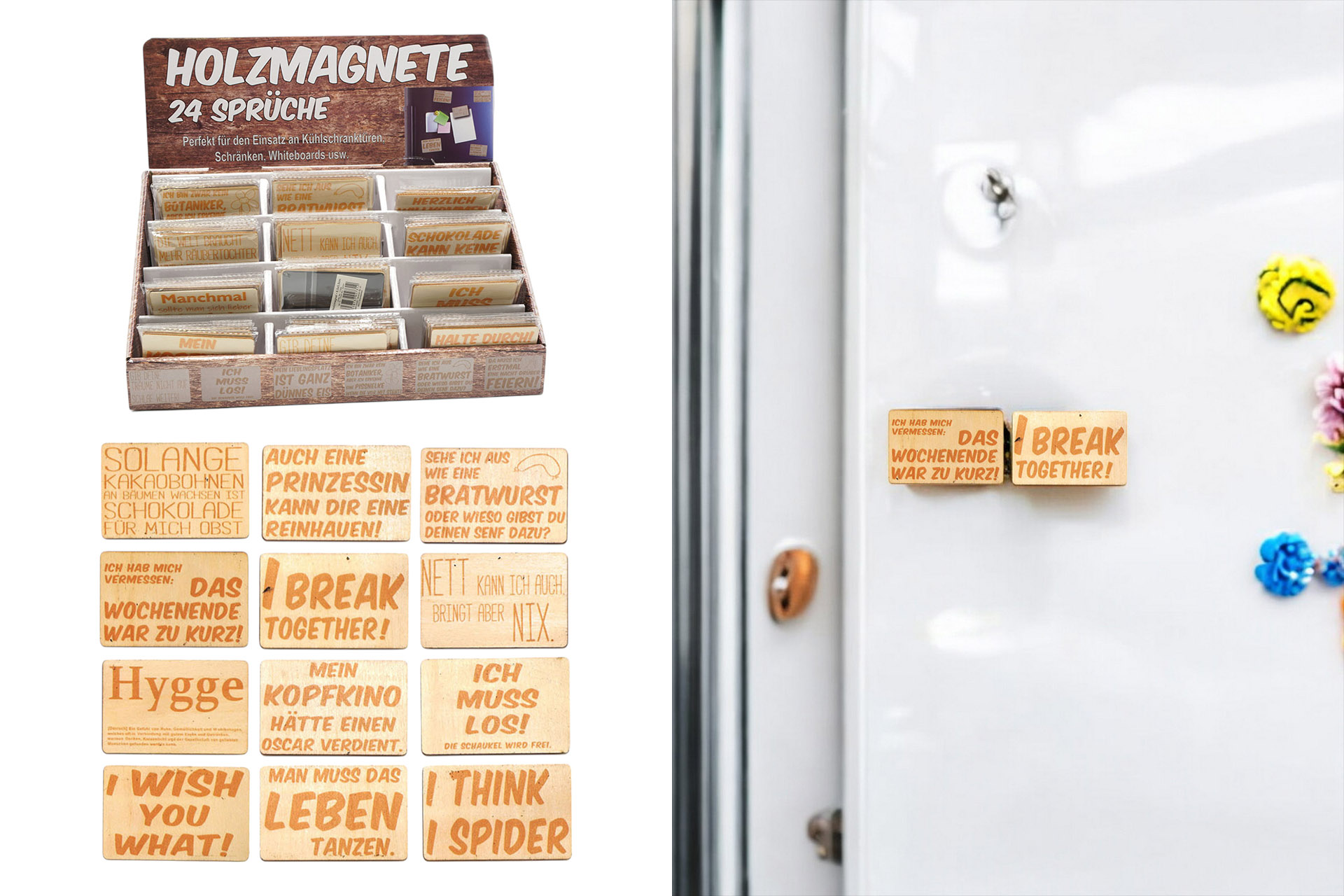 Holzmagnete mit Spruch, 8,5x5,5cm, 24 Sprüche, im Display