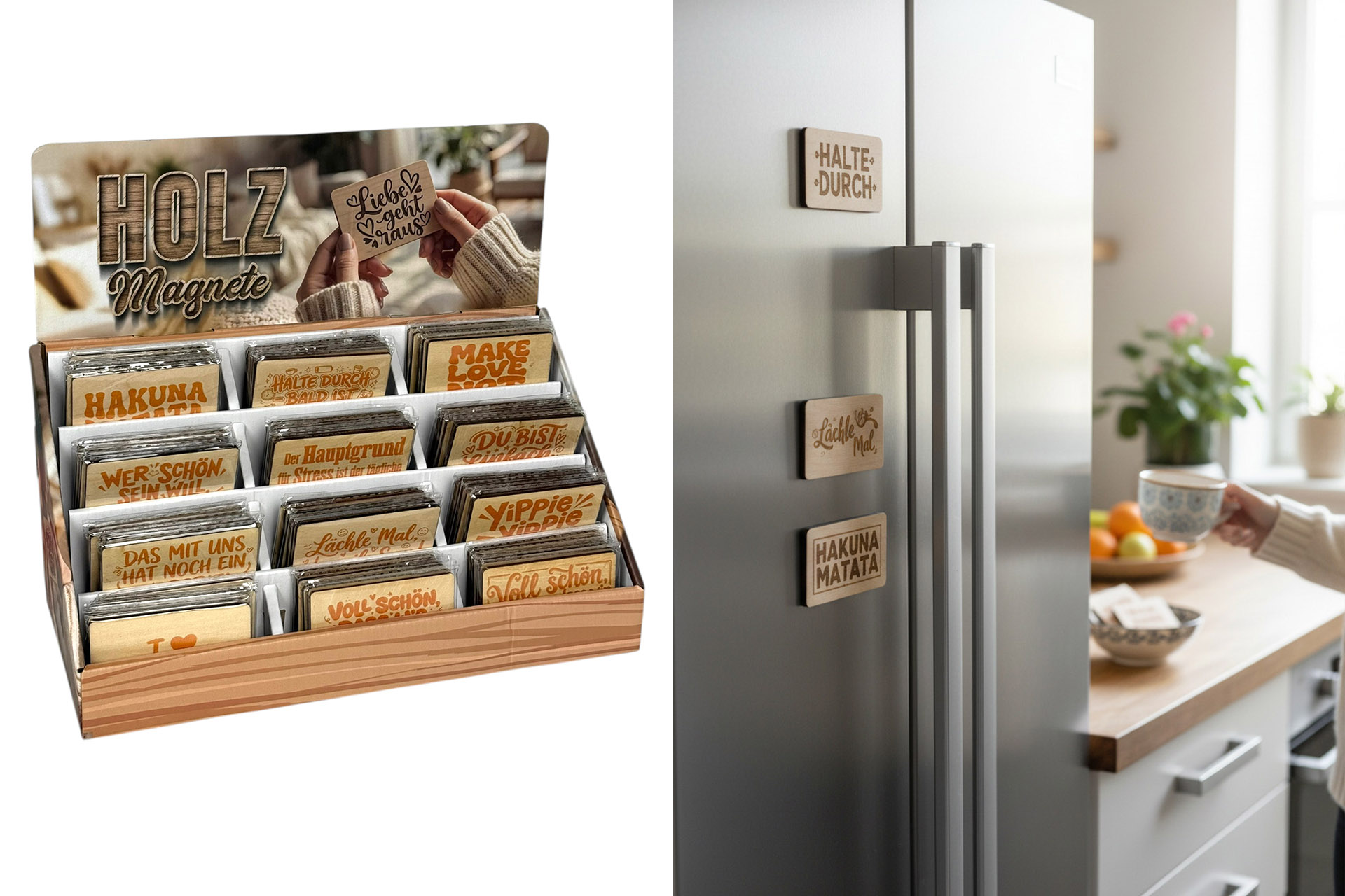 Holzmagnete mit Spruch, 8,5x5,5cm, 24 Sprüche, im Display