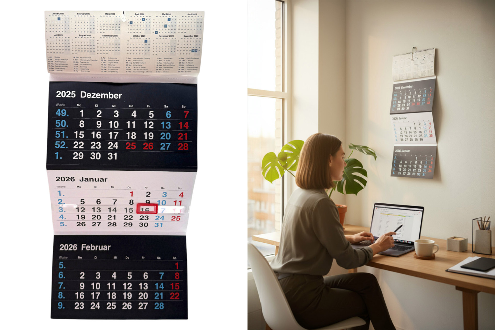 3 Monatskalender/Wandkalender mit Schieber, 56x30cm, 12 Blätter