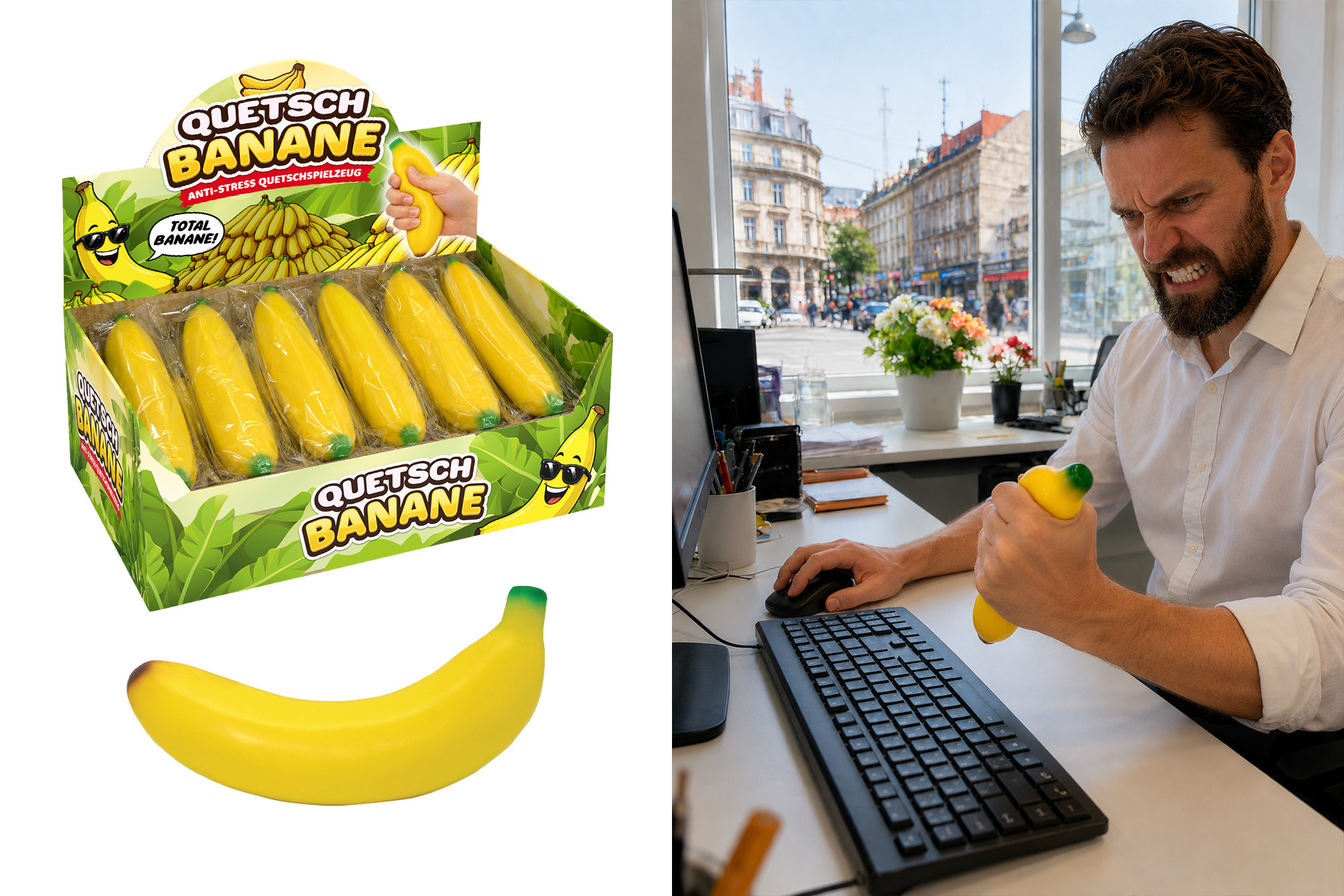 Quetschball Anti-Stress "Banane", 13x4x4cm, im Display