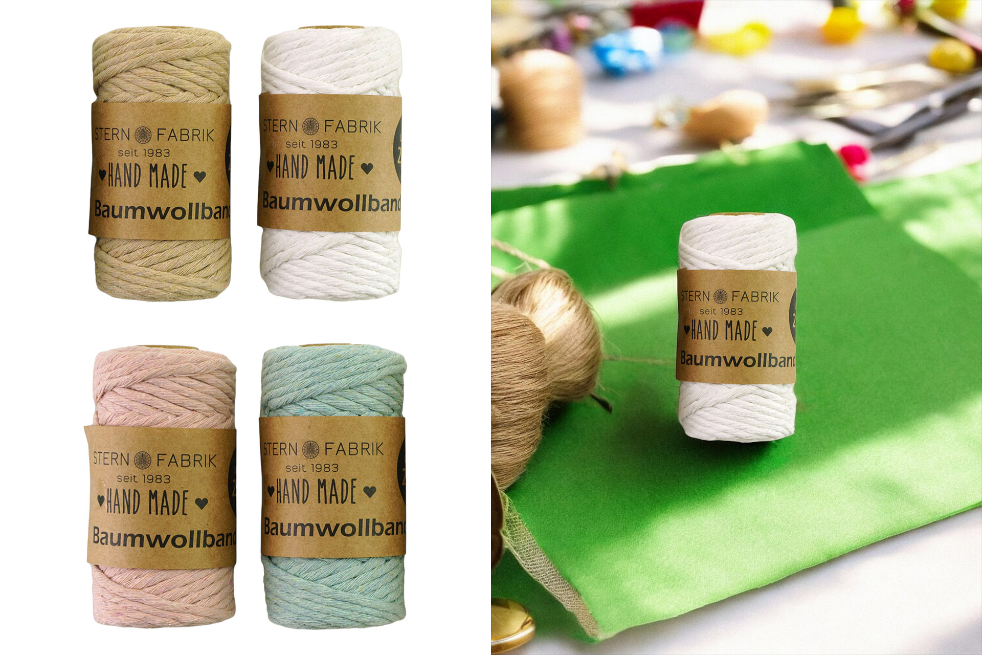 Baumwollband 25m farbig, 4 Farben