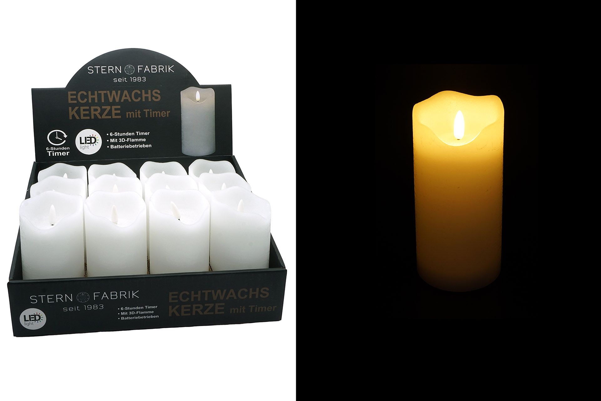 LED Echtwachskerze "3D Flamme" 7,5x15cm mit Timer, weiß, im Display