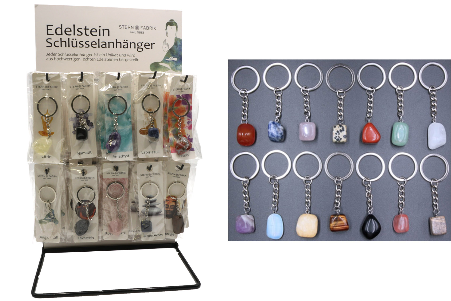 Edelstein Schlüsselanhänger "Heilstein", 10 Designs, auf Metall-Display
