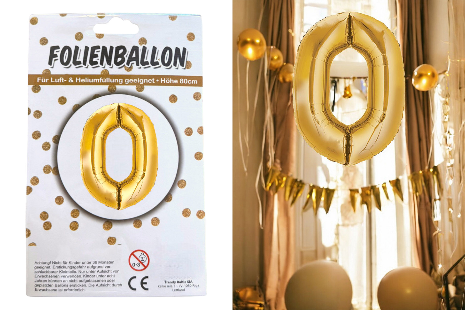 Foil balloon number - 0, 80cm gold