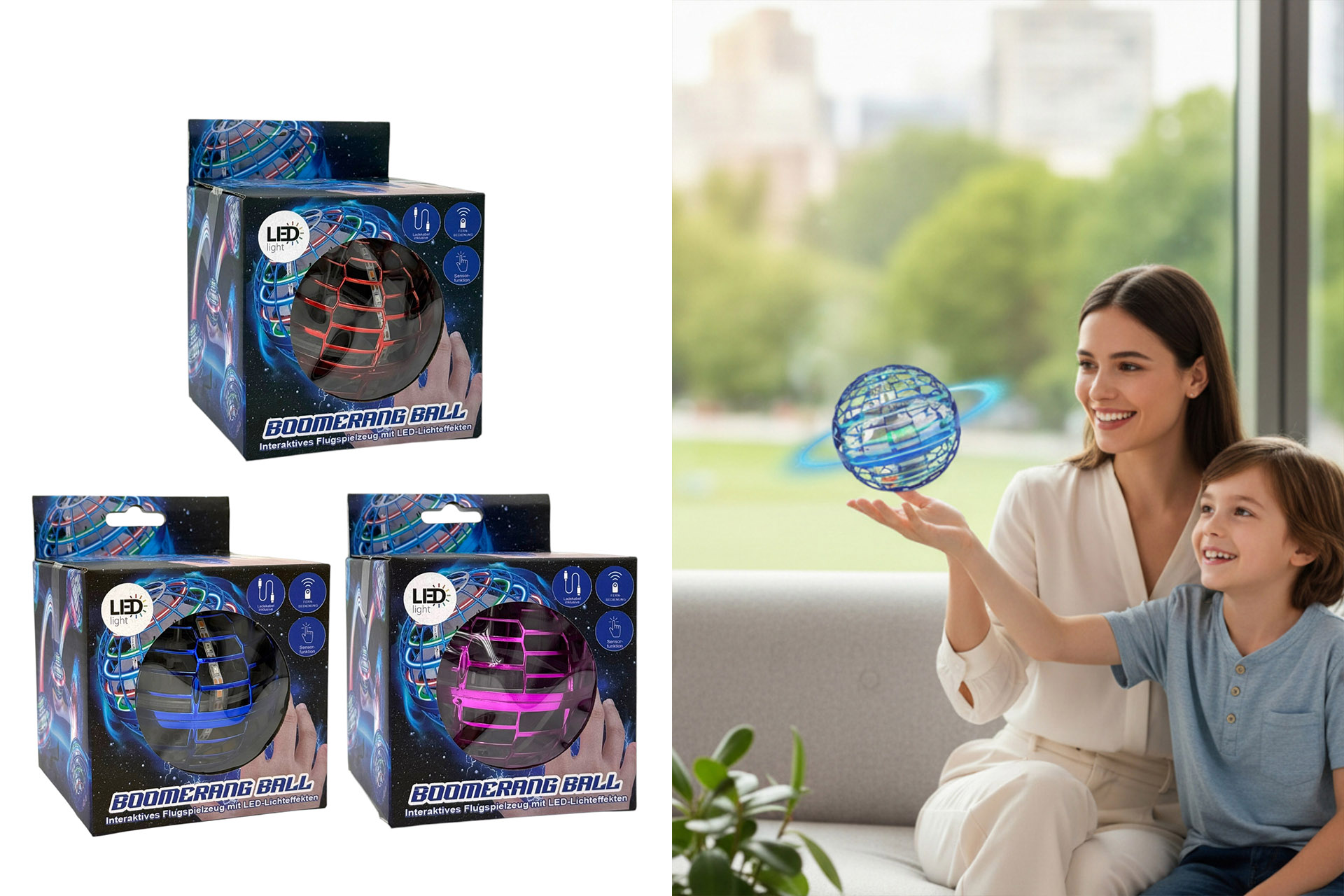 LED Fliegender Ball "Boomerang", Ø 9,5cm, mit Fernsteuerung, 3 Farben