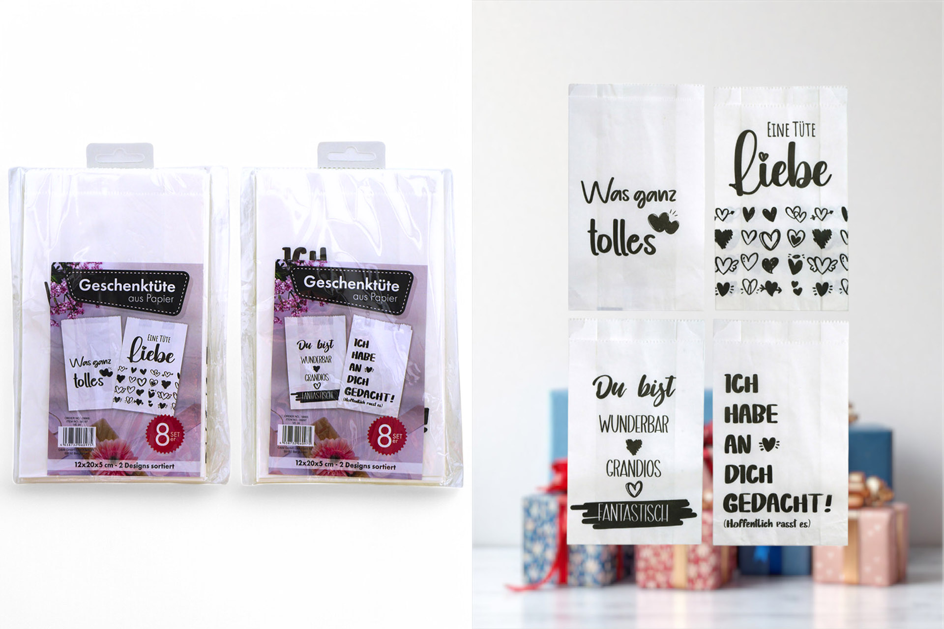 Geschenktüte "Craft Paper" mit Spruch, 8er Set, 12x20x5cm, 4 Designs sortiert